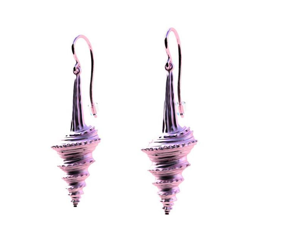 10 Karat  Pink Gold Long Turris Shell Earring  Dangles, The Ocean Series, Whatever beach you are on, is the best location.
Sculpted shell earrings  in 10k pink  matte finish. 1 7/16ths inch x 7/16ths . Made to order .  please allow 3.5 weeks. Signed