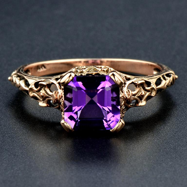 Filigree Style Ring set with Step Cut Amethyst 1.55 Carat on 10 Karat Rose Gold.

This Ring was made in size US#8

