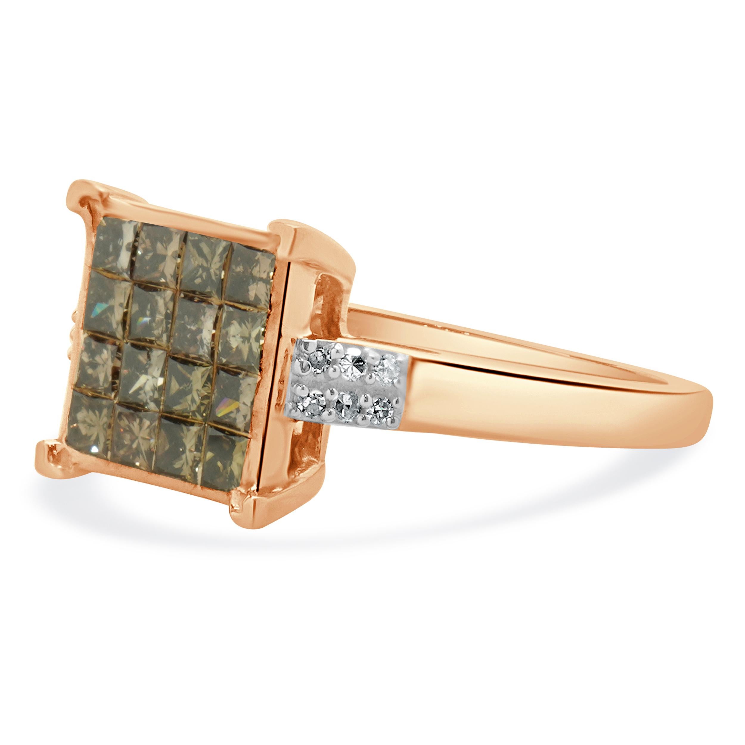 Material: 10K rose gold
Diamond: 16 round brilliant cut = 0.65cttw
Color: Champagne
Clarity: SI1-2
Diamond: 12 round cut = 0.12cttw
Color: H
Clarity: SI1-2
Ring Size: 7 (please allow up to 2 additional business days for sizing requests)
Dimensions: