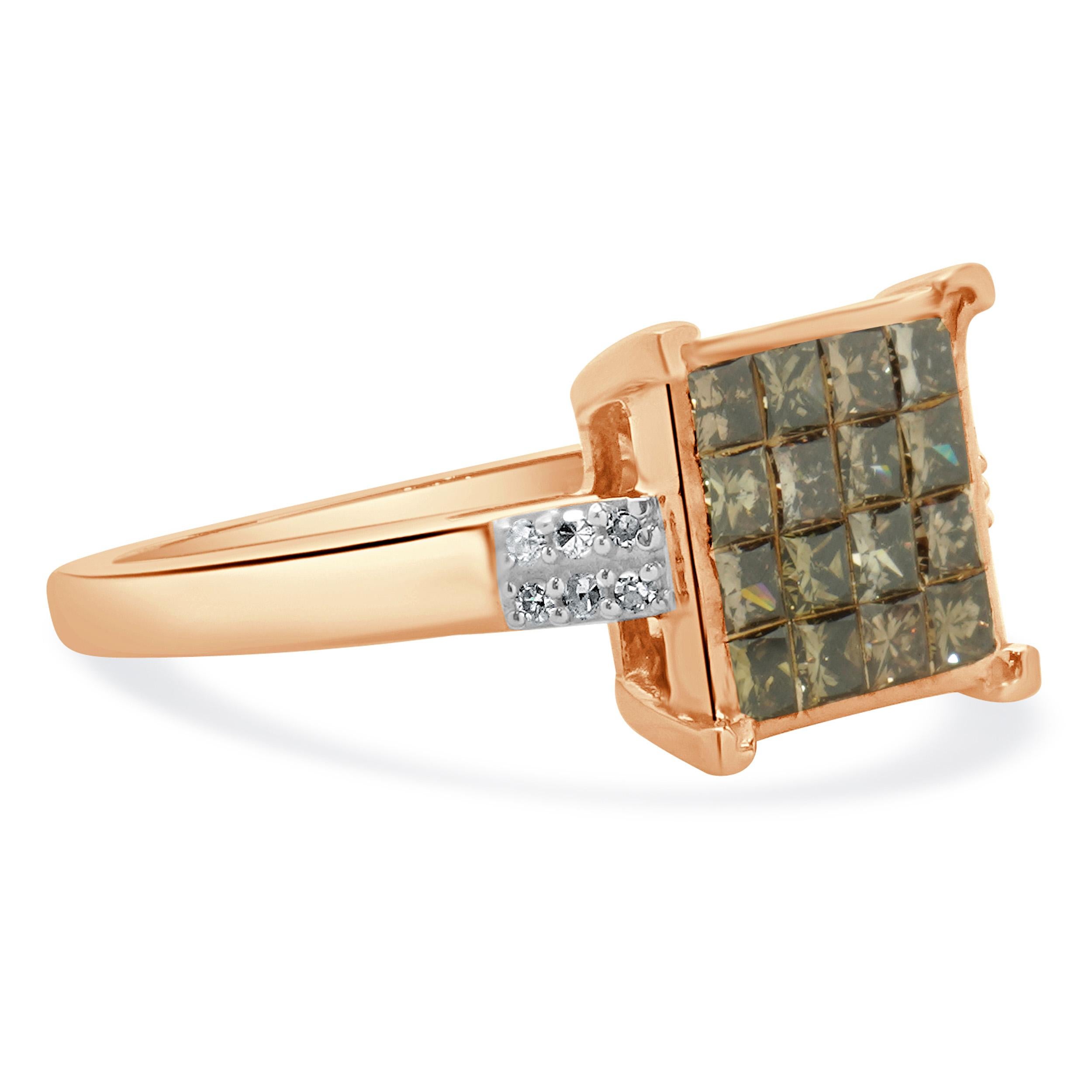 Brilliant Cut 10 Karat Rose Gold Champagne Diamond Cluster Ring For Sale