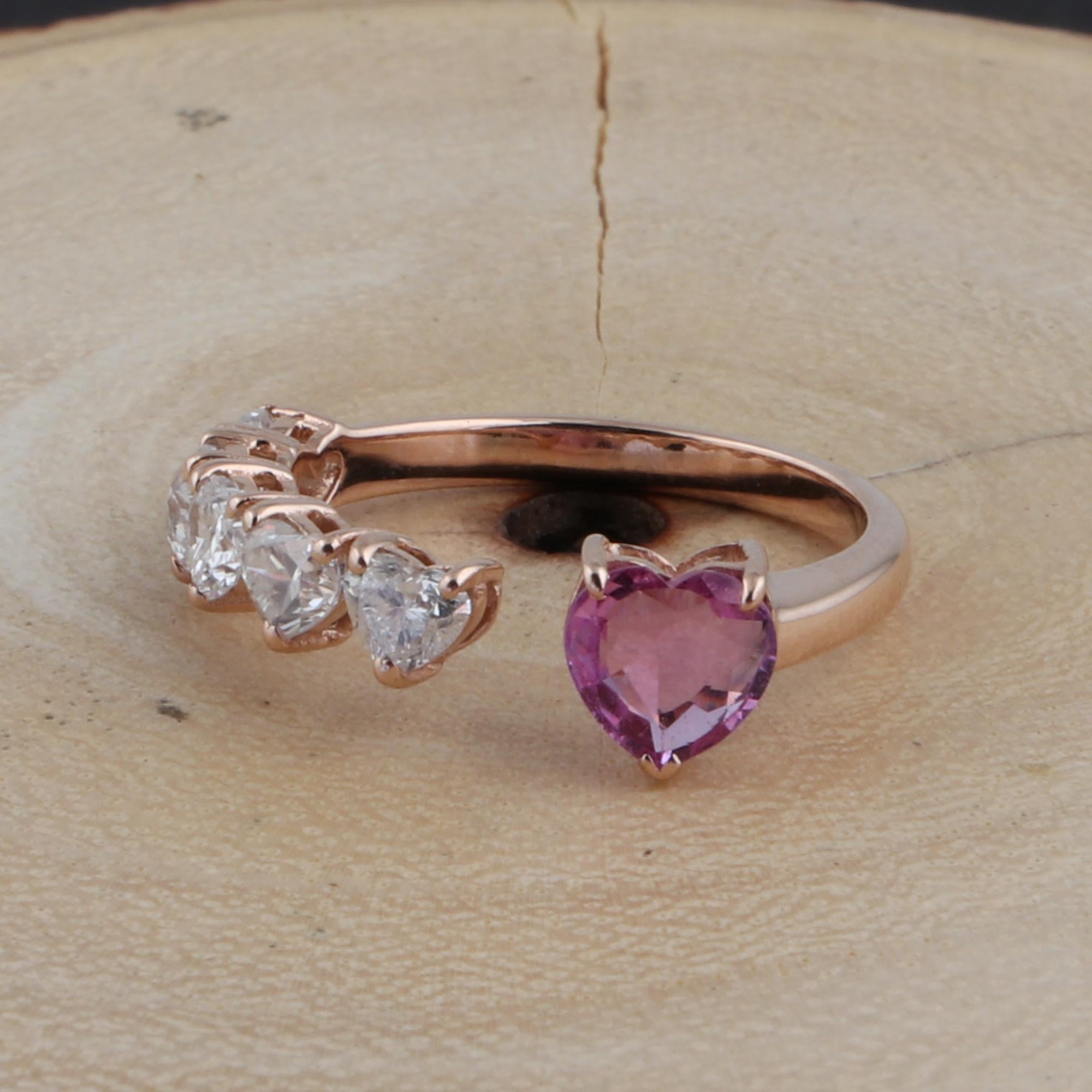 For Sale:  10 Karat Rose Gold Heart-Cut 1ct Diamond & Pink Sapphire Open Cuff Ring 2