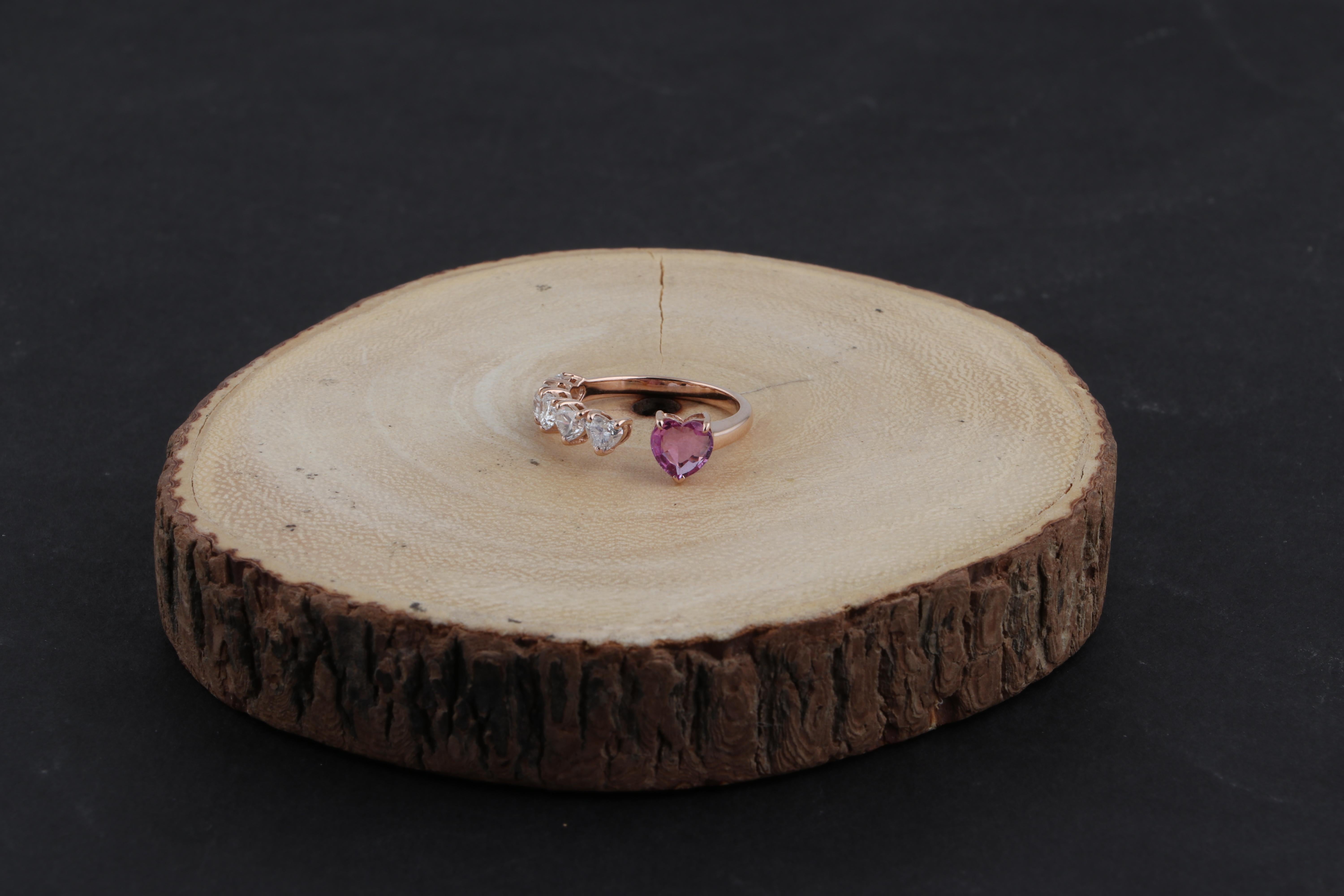 For Sale:  10 Karat Rose Gold Heart-Cut 1ct Diamond & Pink Sapphire Open Cuff Ring 3