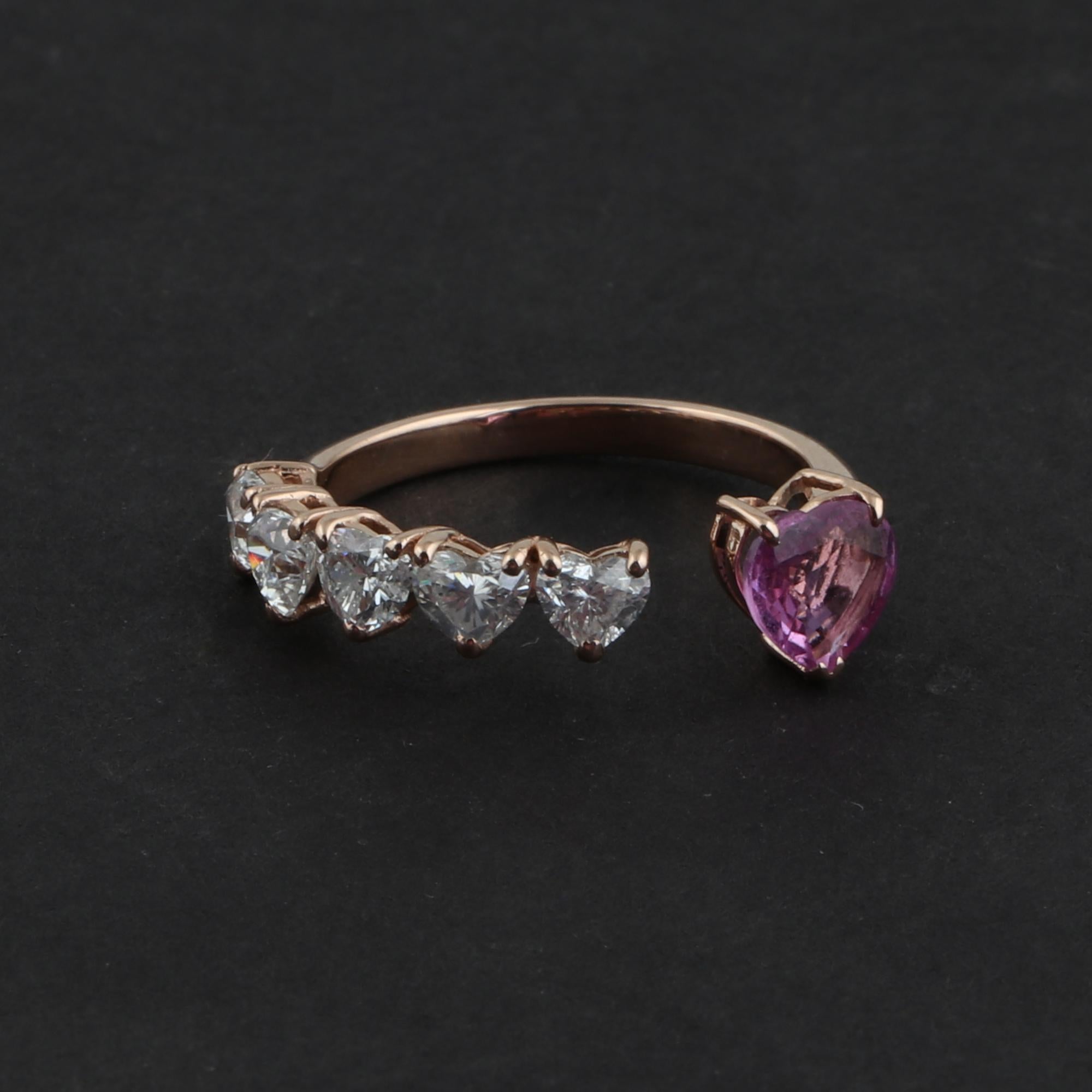 For Sale:  10 Karat Rose Gold Heart-Cut 1ct Diamond & Pink Sapphire Open Cuff Ring 7