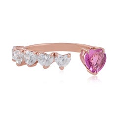 10 Karat Rose Gold Heart-Cut 1ct Diamond & Pink Sapphire Open Cuff Ring
