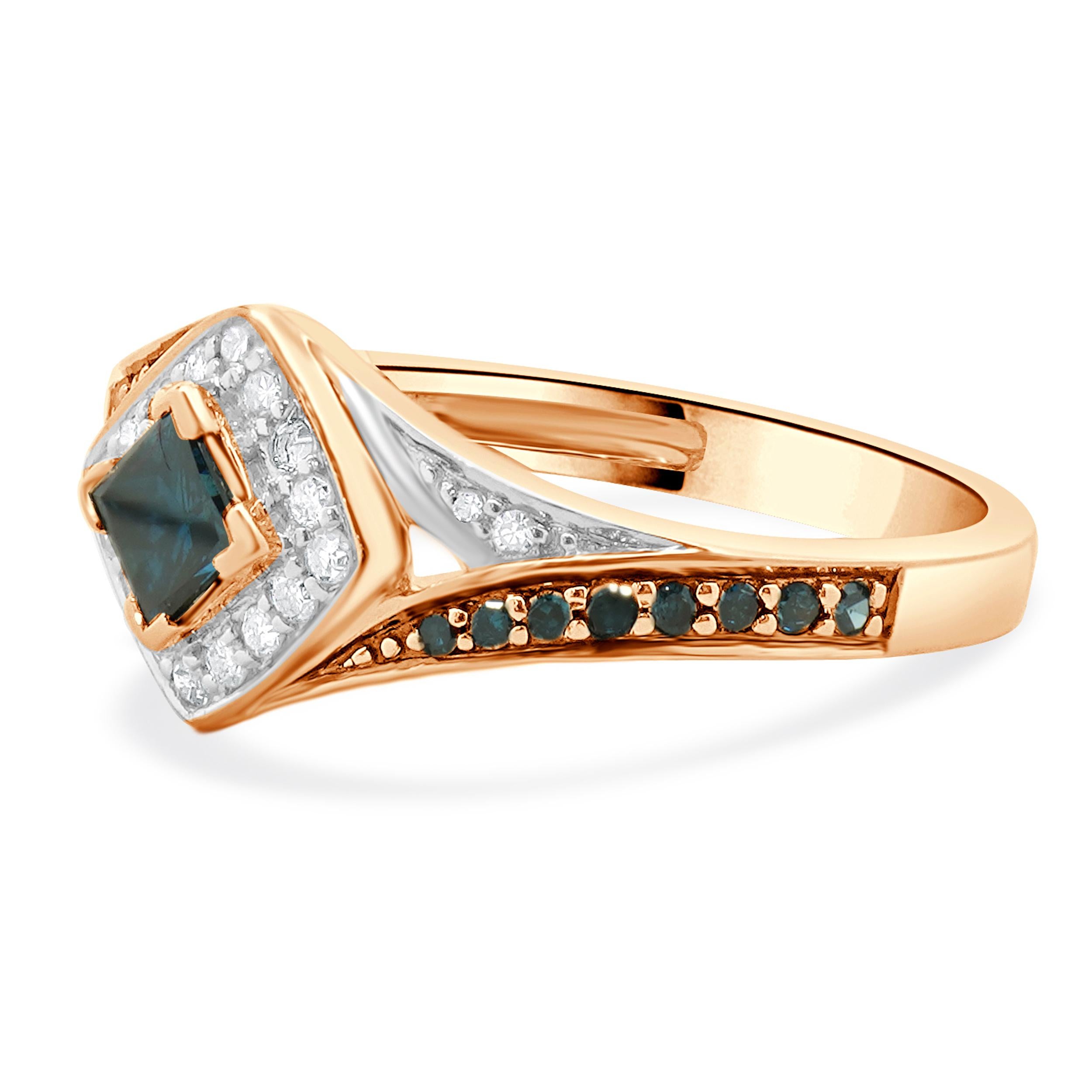 Designer: custom
Material: 10K rose gold
Center Diamond: 1 princess cut = 0.25ct
Color: Blue
Clarity: SI2
Diamond: 36 round single cut = 0.75cttw
Color: Blue/H
Clarity: SI2-I1
Ring Size: 7 (please allow two extra shipping days for sizing requests)