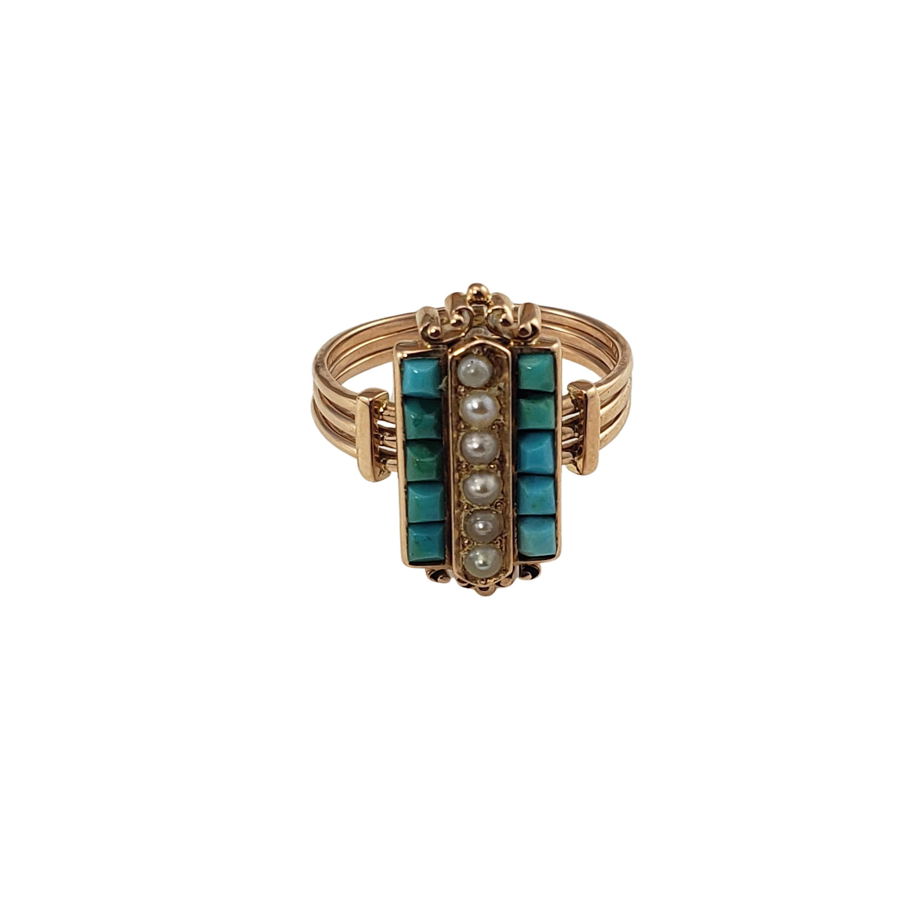10 Karat Rose Gold Turquoise and Pearl Ring Size 5.25-

This elegant ring features ten turquoise stones and six seed pearls set in beautifully detailed 10K rose gold.  Top of ring measures
17 mm x 9 mm.  Shank:  2.5 mm.

Ring Size:  5.25

Weight: 