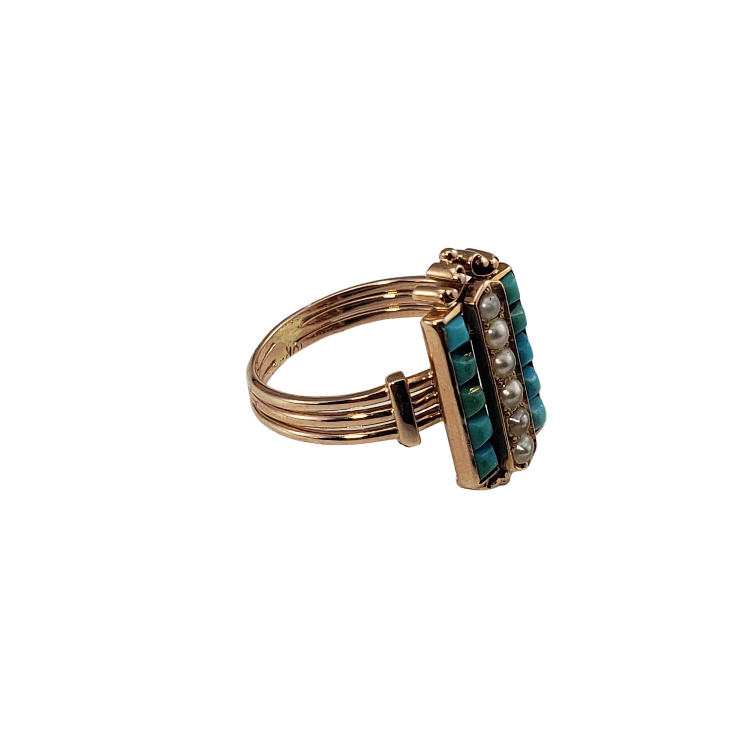 Square Cut 10 Karat Rose Gold Turquoise and Pearl Ring