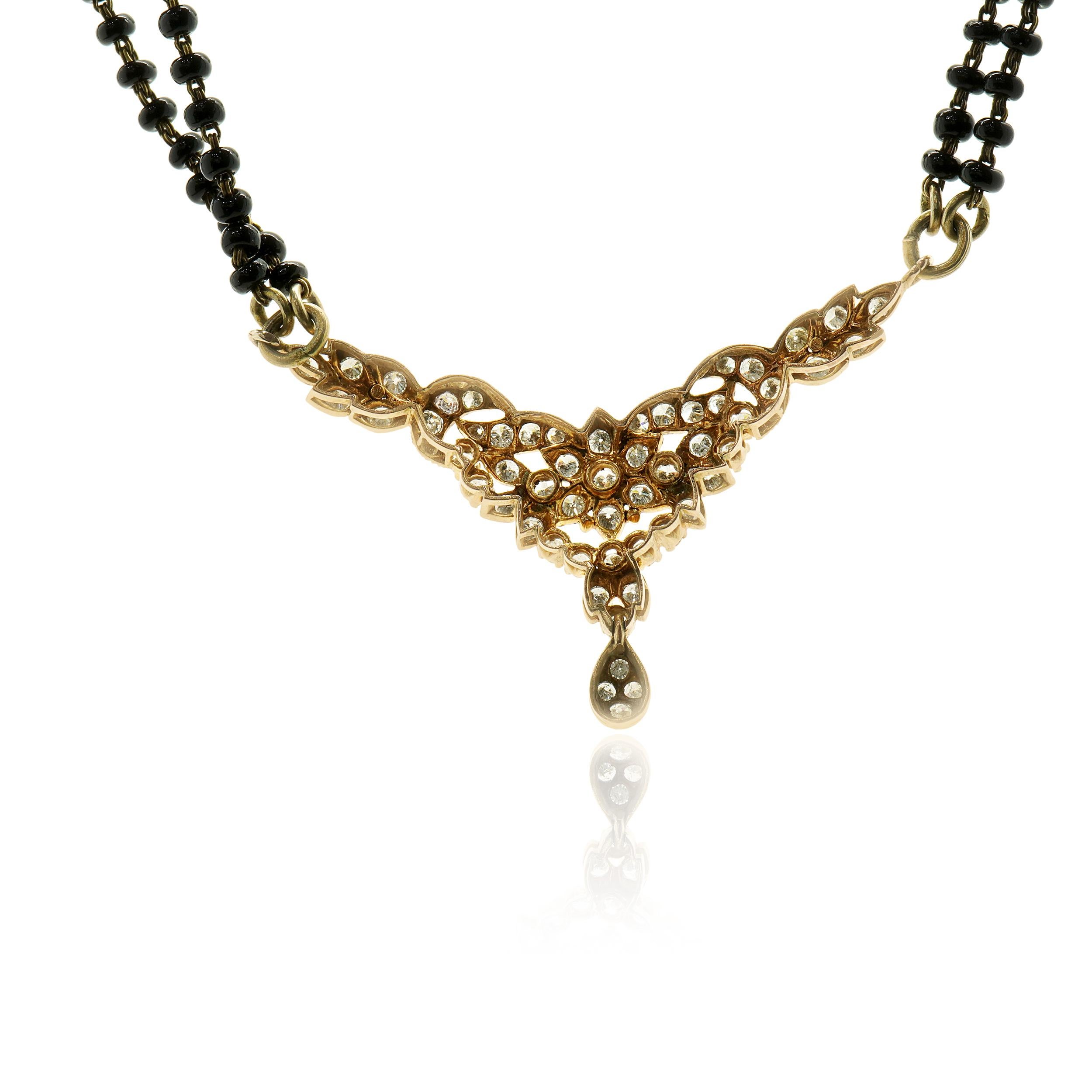 Round Cut 10k Rose Gold Vintage Diamond Floral and Double Stranded Onyx Bead Necklace For Sale