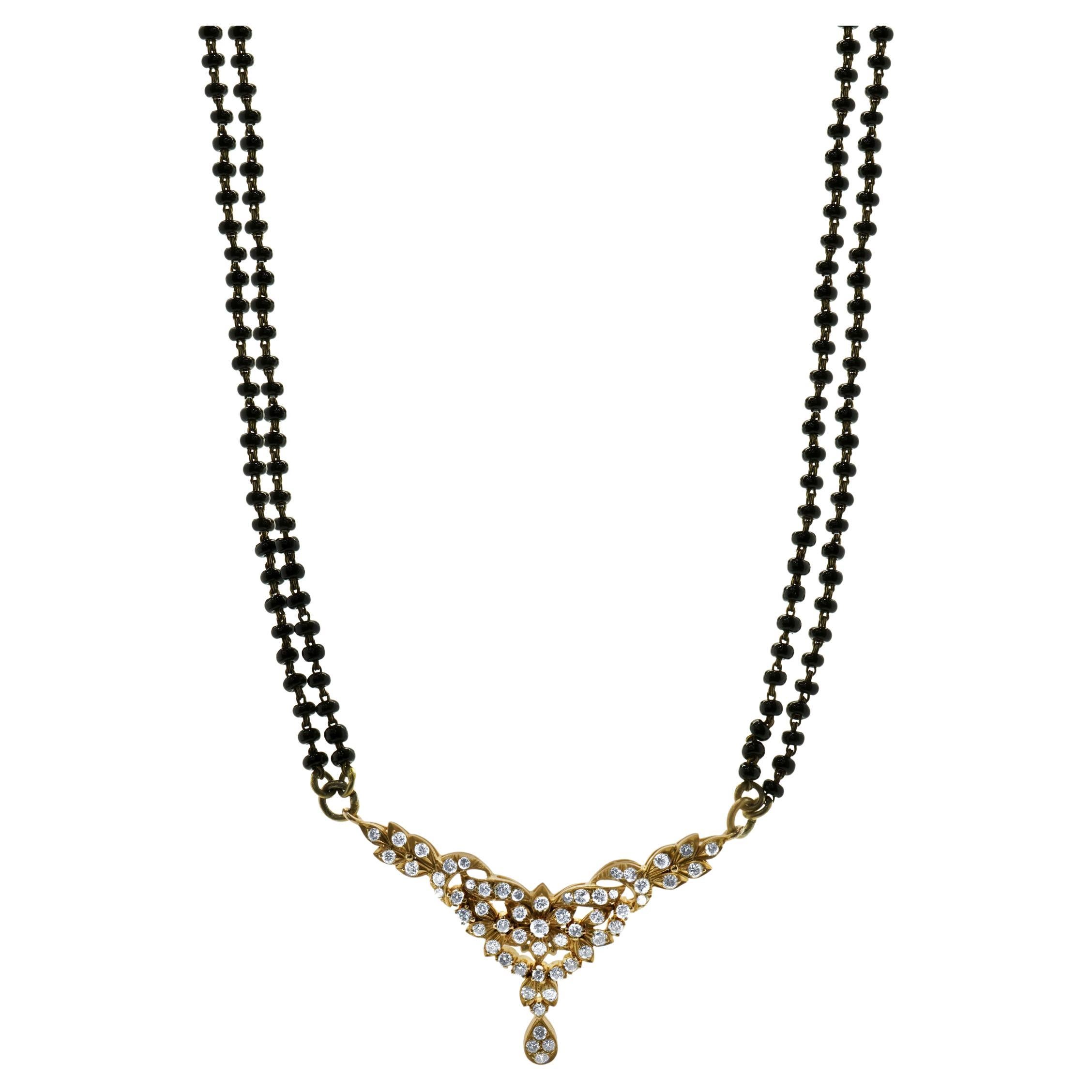 10k Rose Gold Vintage Diamond Floral and Double Stranded Onyx Bead Necklace