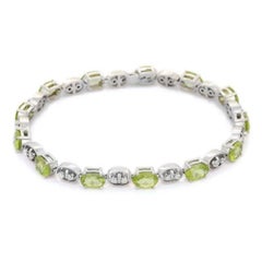 Bracelet tennis en or blanc massif 10 carats, véritable péridot taille ovale et diamants