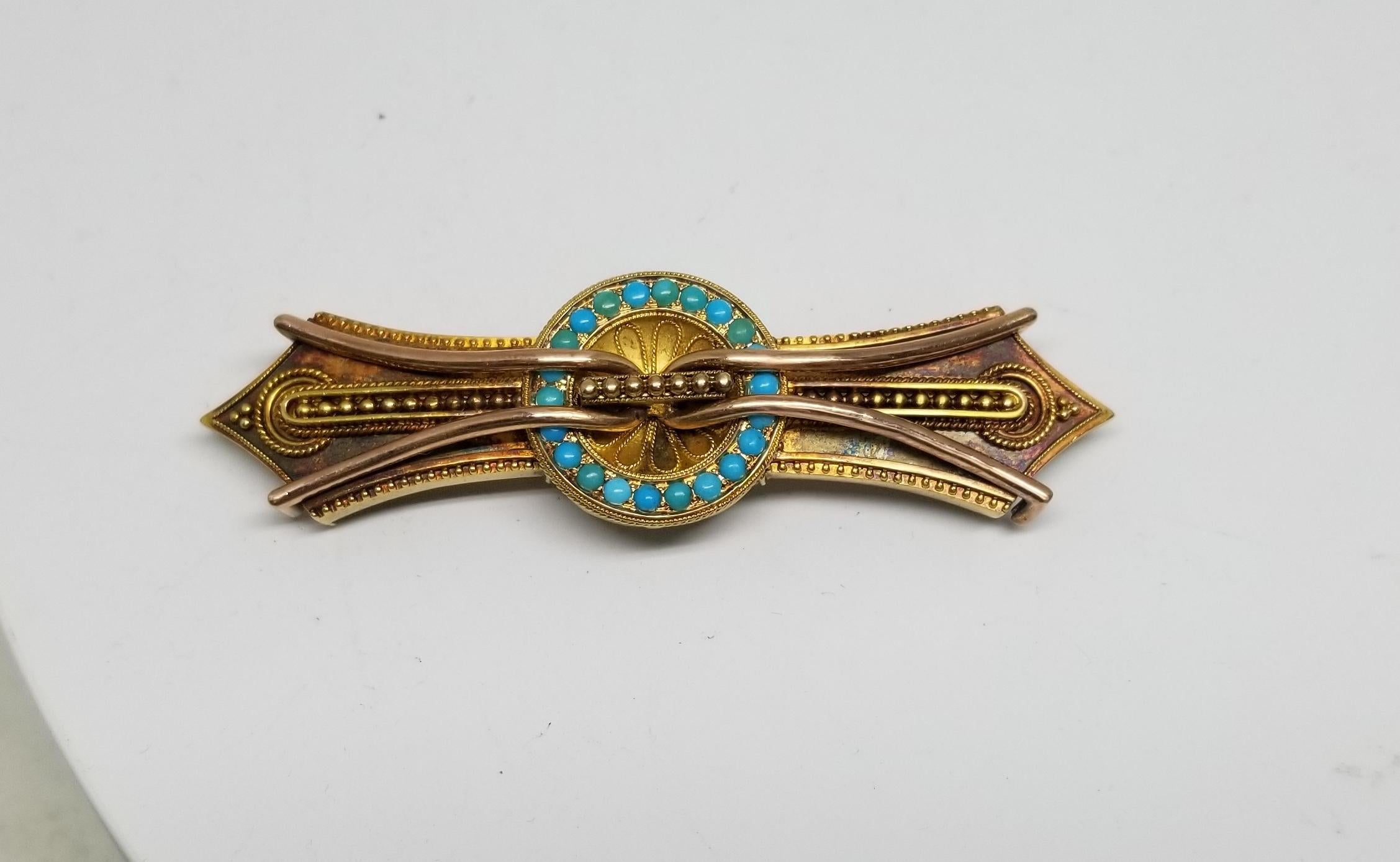 Round Cut 10 Karat Turquoise Vintage Byzantine Style Brooch