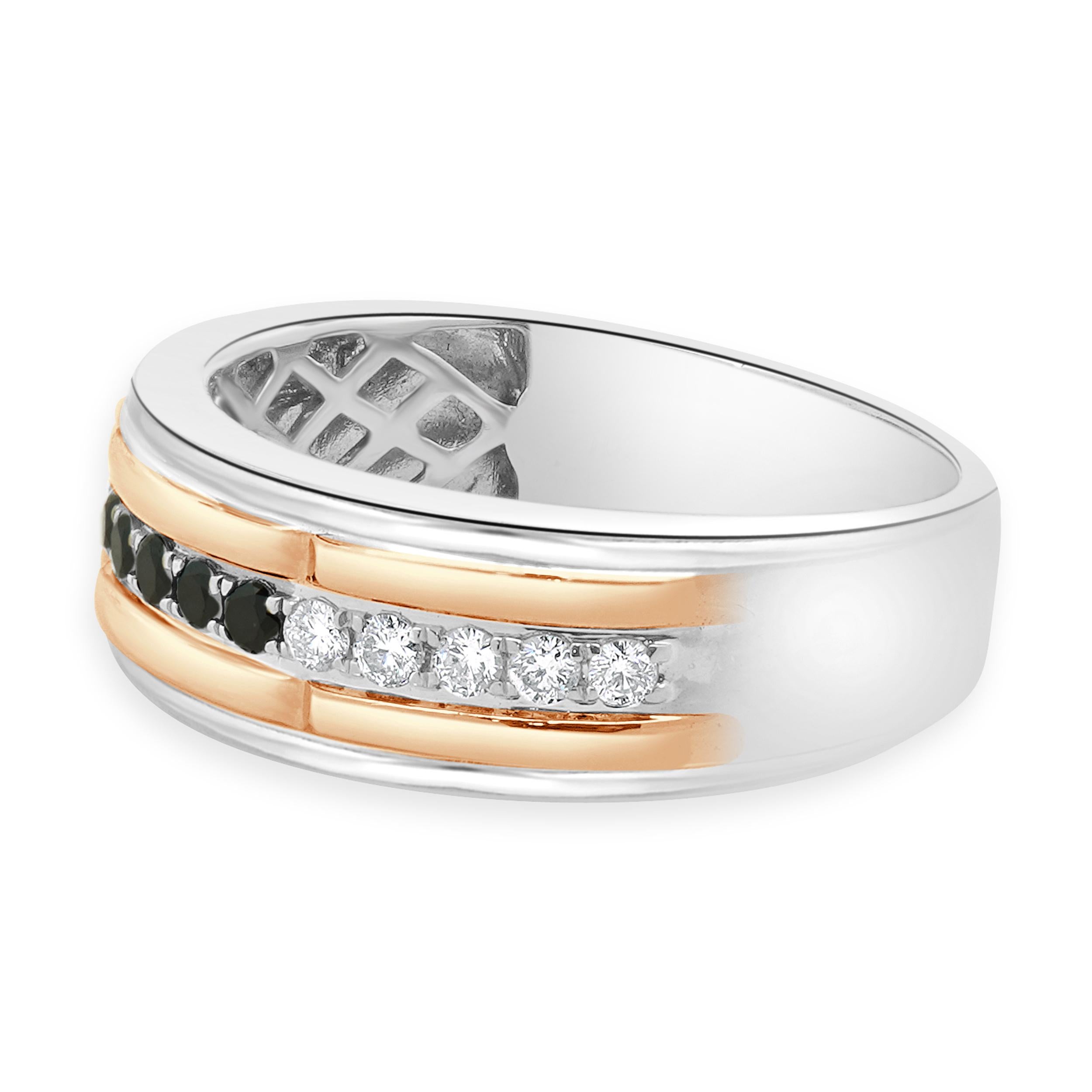 Designer: custom
Material: 10K two tone
Diamond: 10 round brilliant cut = 0.25cttw
Color: H/I
Clarity: I1-2
Diamond: 5 round brilliant cut = 0.15cttw
Color: Black
Clarity: I1-2
Ring size: 10.75 (please allow two additional shipping days for sizing