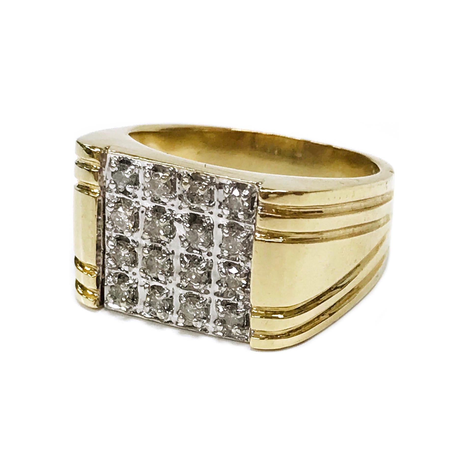 10 Karat Two-Tone Diamond Ring. The ring features sixteen round prong-set diamonds. The ring has double ridges running from the top of the ring to about half way down the side, the ring also tapers. The square face of the ring has sixteen diamonds