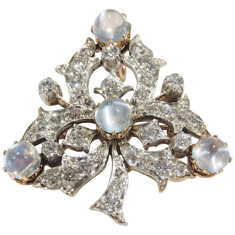 10 Karat Victorian Moonstone Diamond Pendant Pin Brooch Yellow Gold For ...