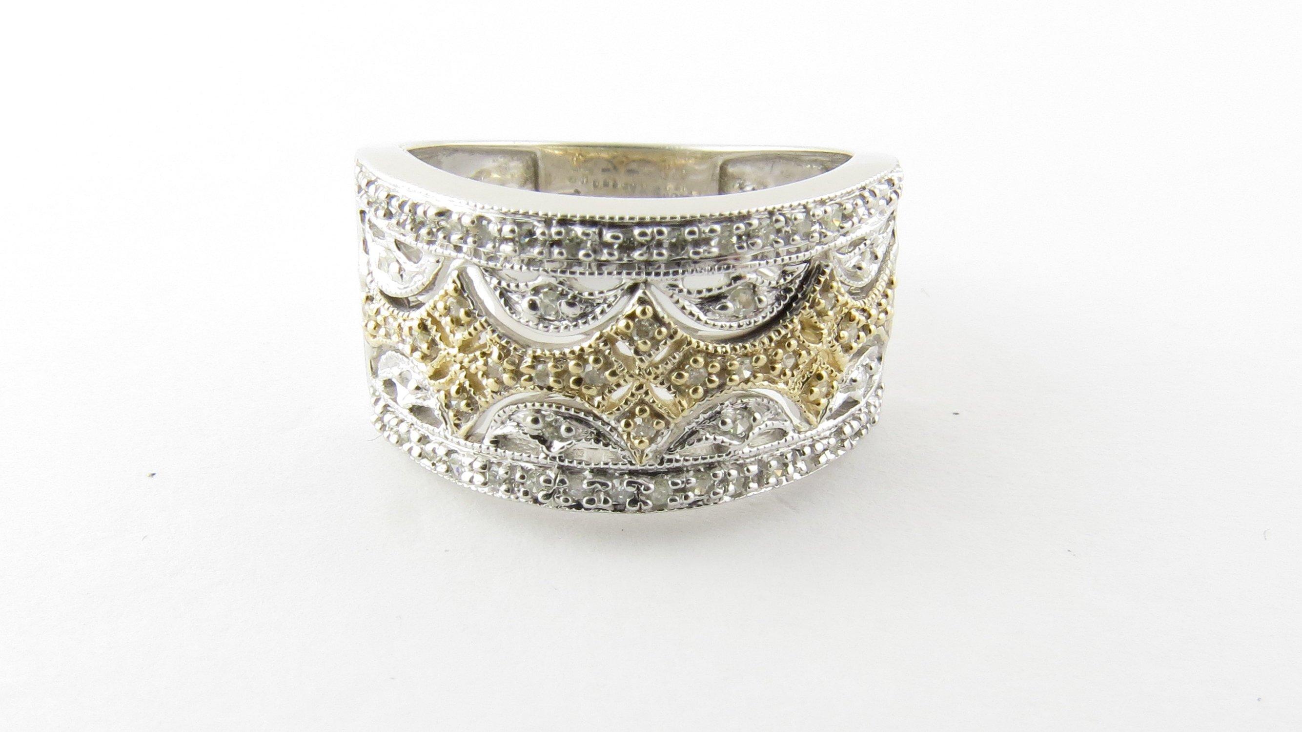 Vintage 10 Karat White and Yellow Gold Diamond Ring Size 6.75- This spectacular band features 62 round single cut diamonds set in meticulously detailed yellow and white gold. Width: 12 mm. Shank: 4.5 mm. Approximate total diamond weight: .30 ct.