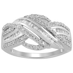 10 Karat White Gold 1/2 Carat Baguette and Round Diamond Crossover Ring
