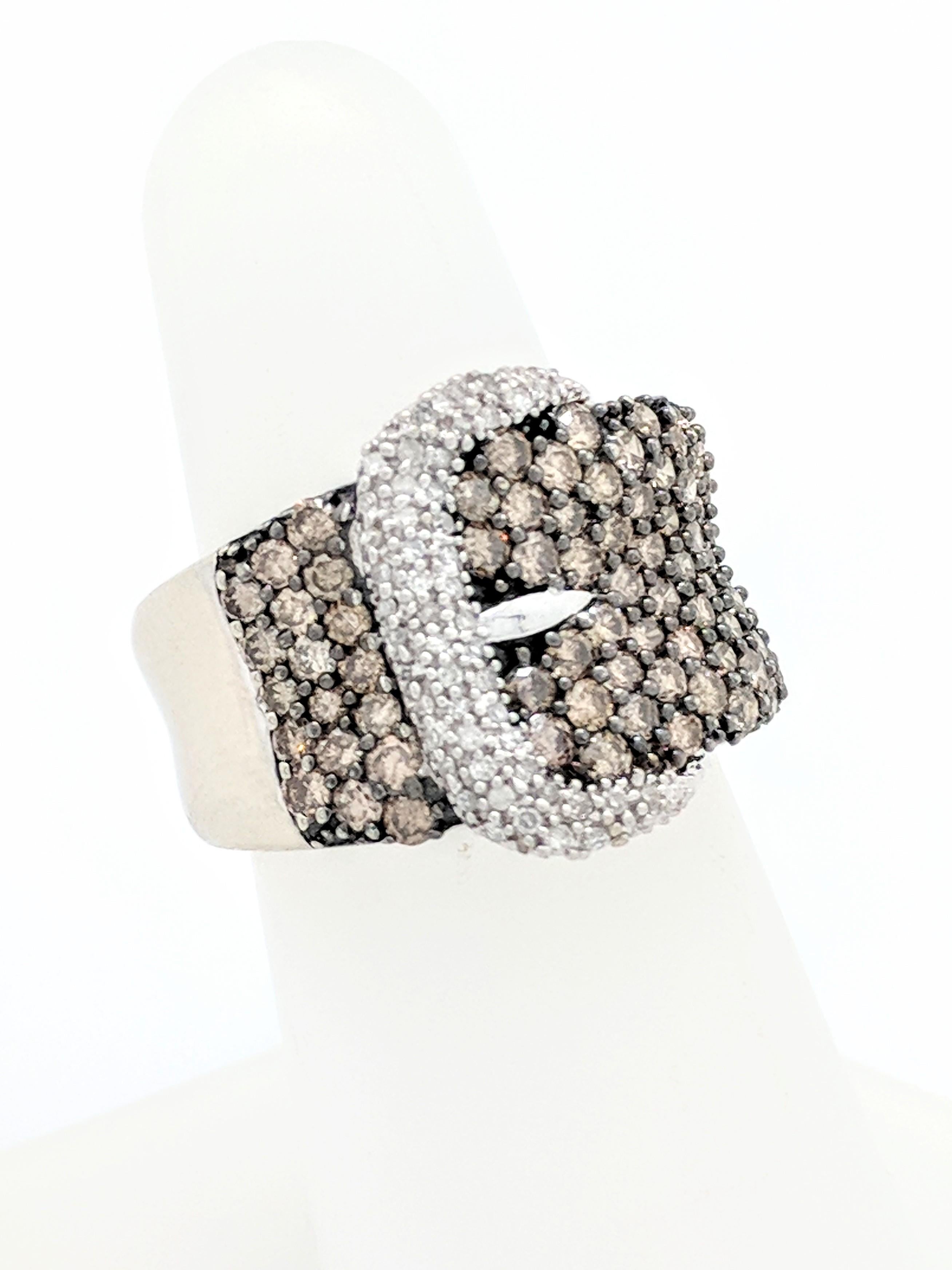 Contemporary 10 Karat White Gold 1.45 Carat White and Champagne Pave Diamond Buckle Ring