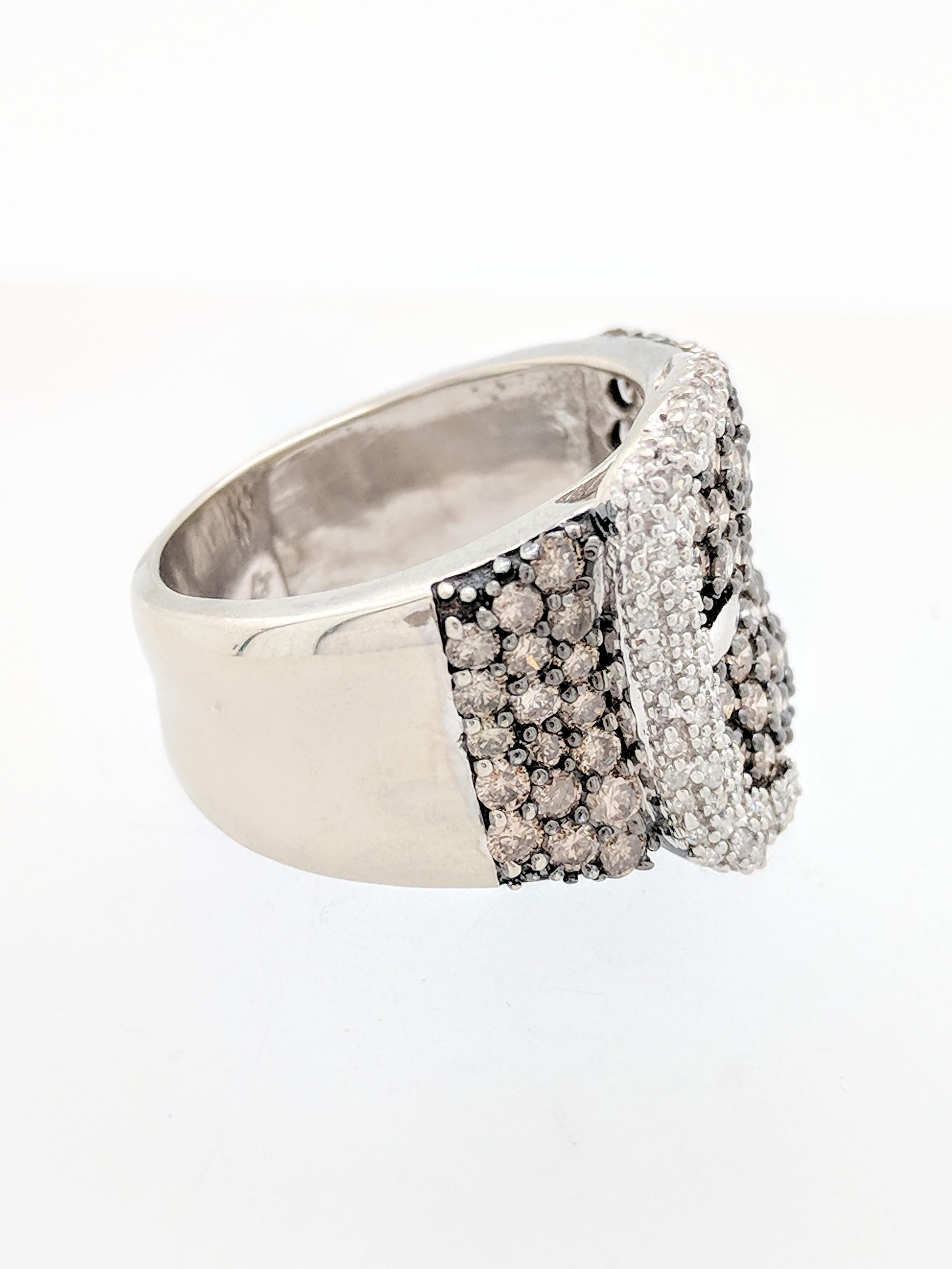 10 Karat White Gold 1.45 Carat White and Champagne Pave Diamond Buckle Ring 1