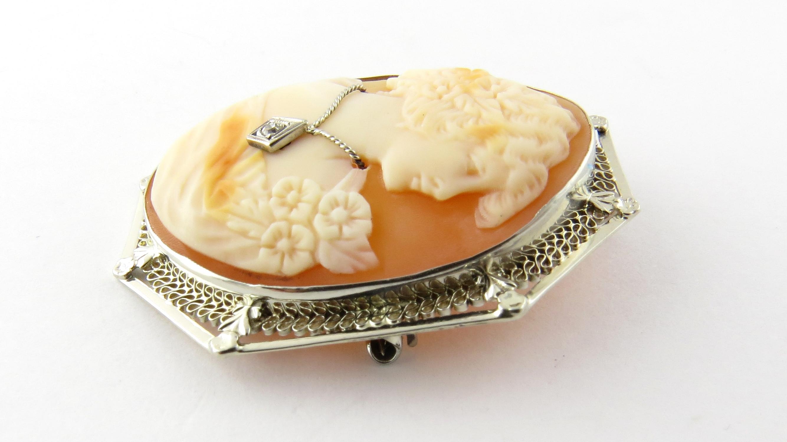 10 Karat White Gold and Diamond Cameo Pendant/Brooch-

This lovely cameo features a lovely lady in profile accented with one round old mine cut diamond and framed in delicate white gold filigree.  Can be worn as a brooch or a pendant.

Approximate