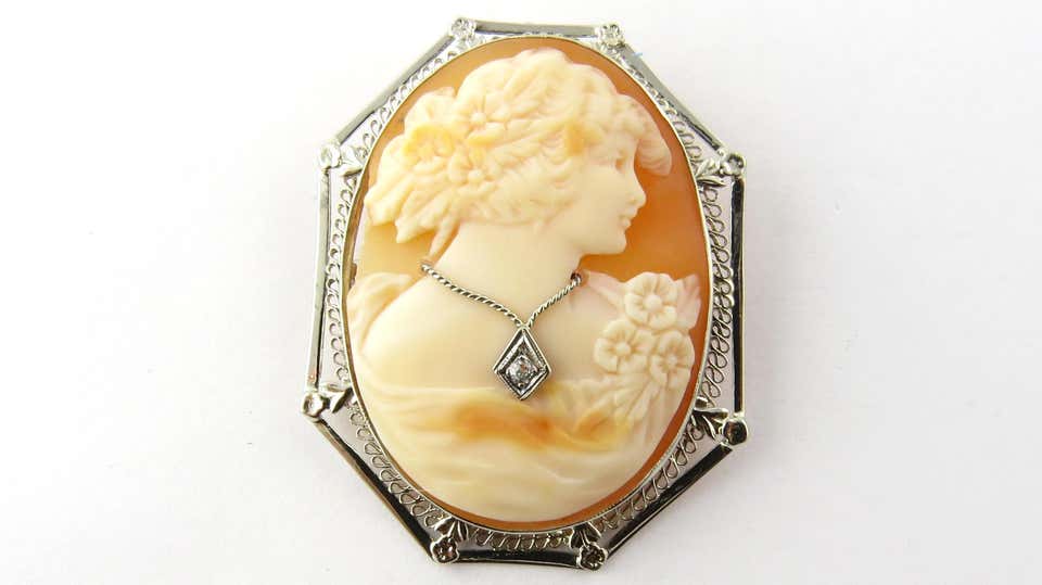 10 Karat White Gold and Diamond Cameo Pendant or Brooch For Sale at ...