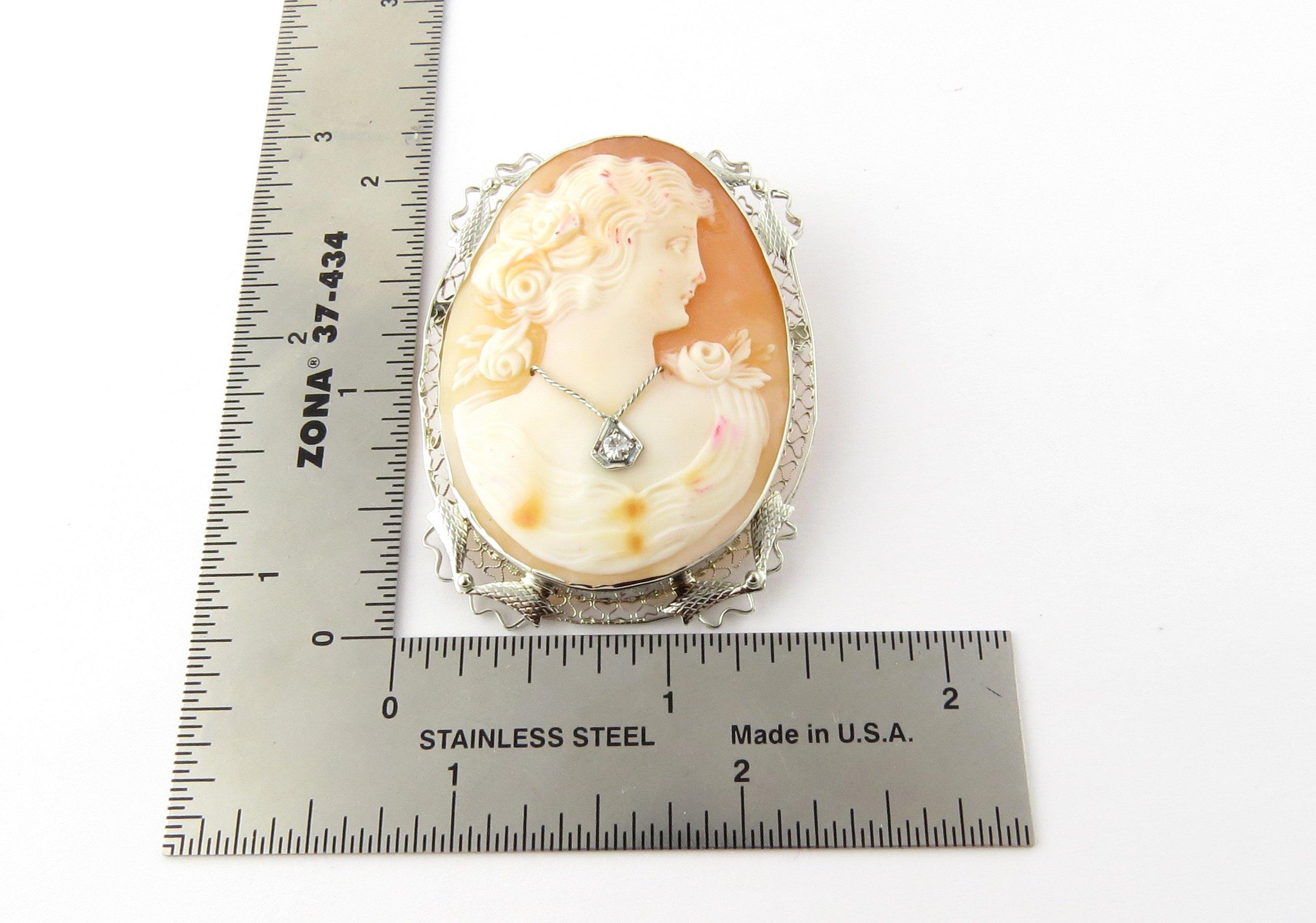 Women's 10 Karat White Gold and Diamond Cameo Pendant or Brooch For Sale