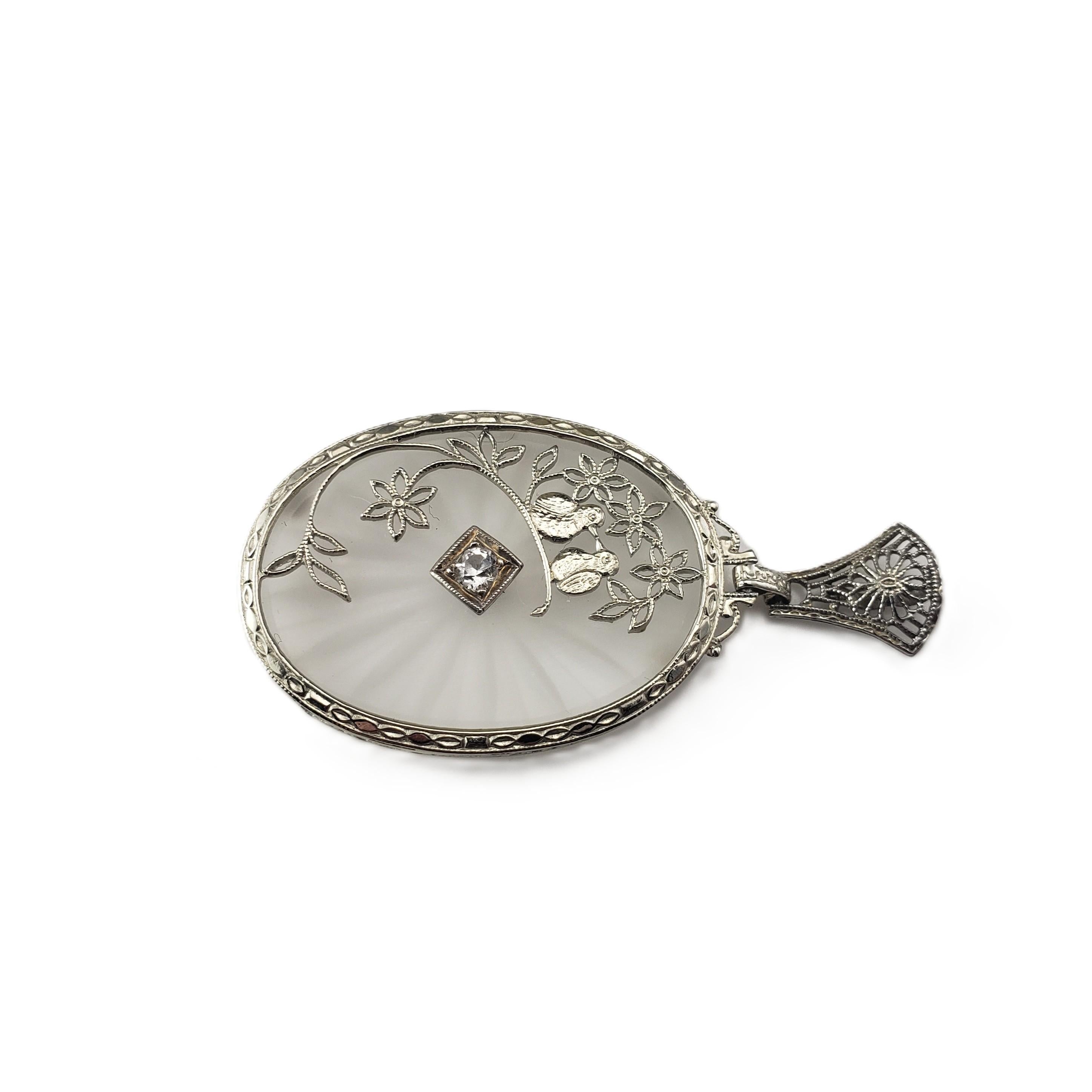 Old European Cut 10 Karat White Gold and Diamond Camphor Glass Lovebirds Pendant #21045