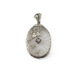 Vintage 10 Karat White Gold and Diamond Camphor Glass Lovebirds Pendant #21045