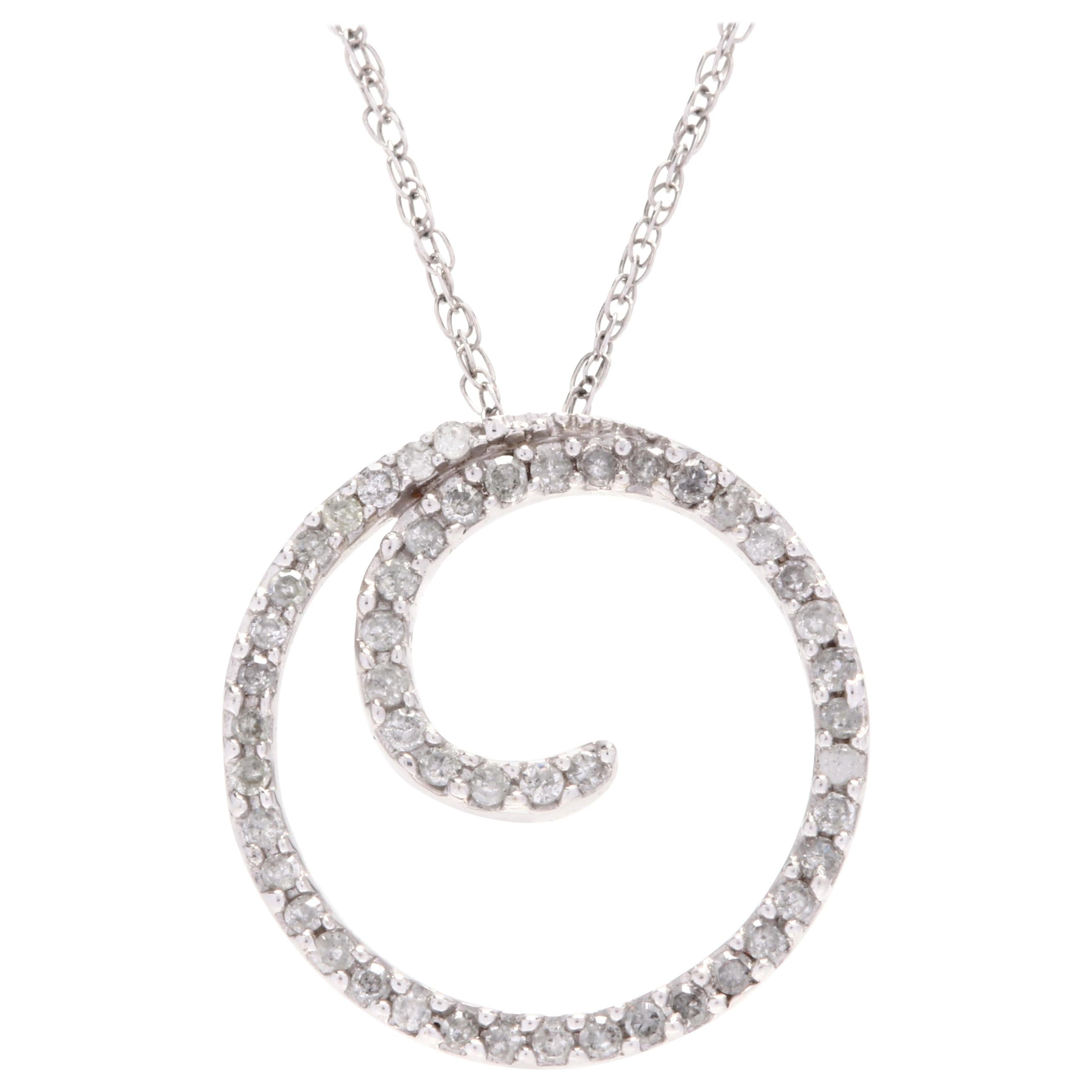 10 Karat White Gold and Diamond Circle Swirl Pendant Necklace