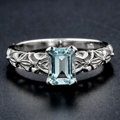 10 Karat White Gold Aquamarine Filigree Ring