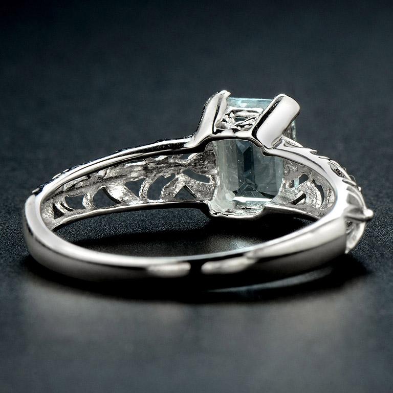 Emerald Cut 10 Karat White Gold Aquamarine Filigree Ring