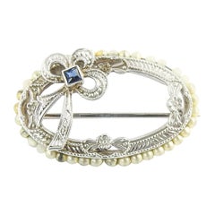 10 Karat White Gold Bead and Sapphire Brooch / Pin Vintage 10 Karat White Gold Bead and Sapphire Brooch / Pin