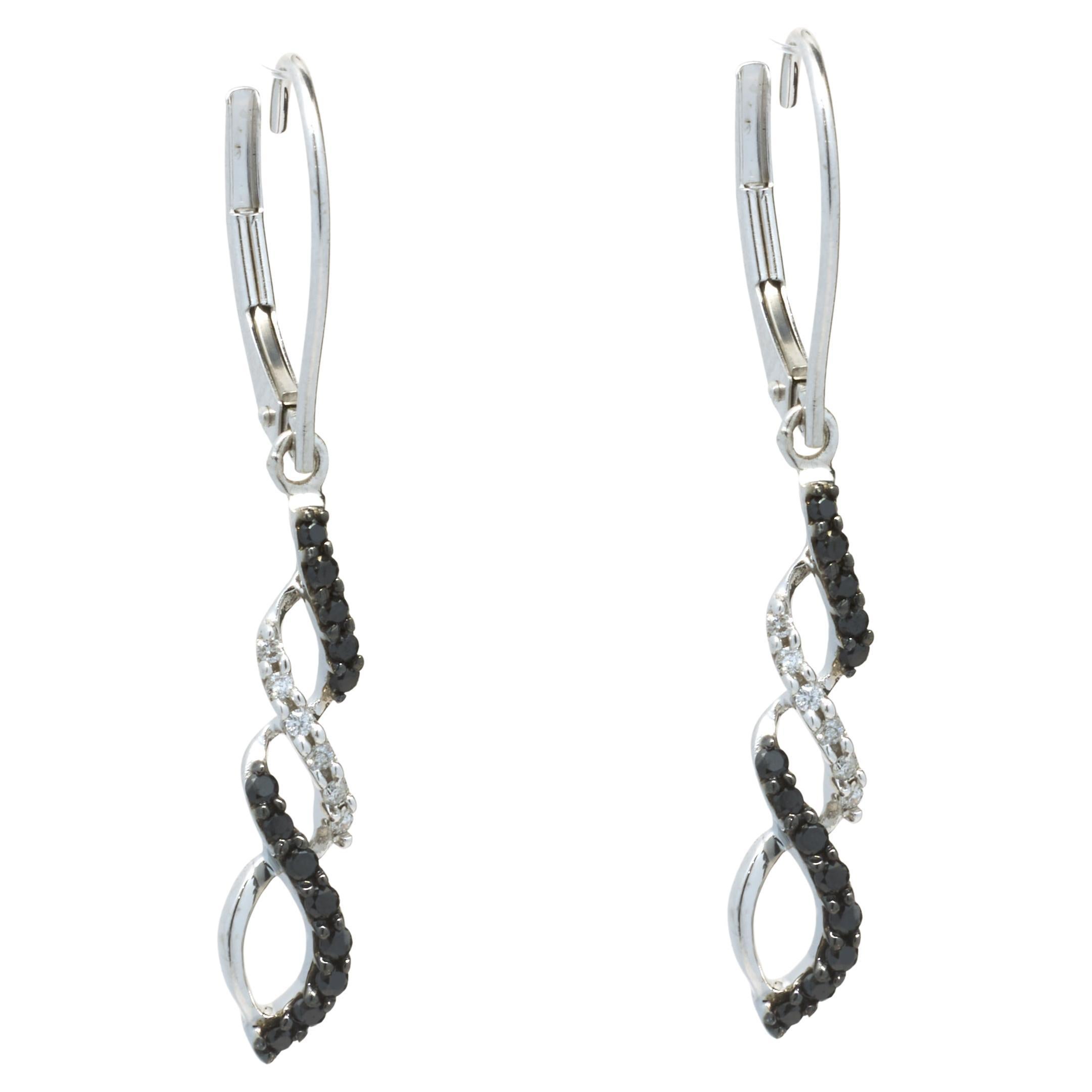 10 Karat White Gold Black and White Diamond Twist Drop Earrings