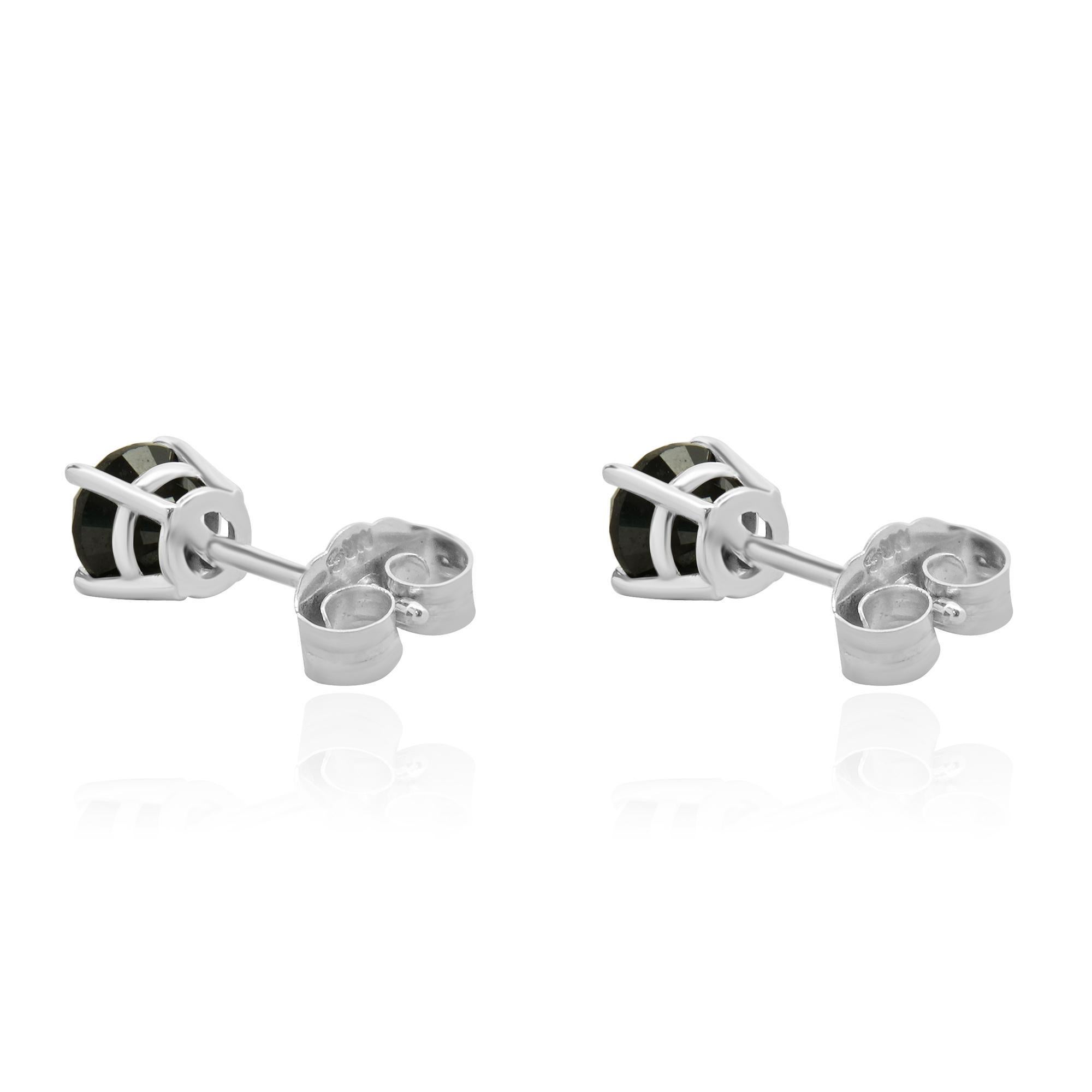 Round Cut 10 Karat White Gold Black Diamond Stud Earrings For Sale