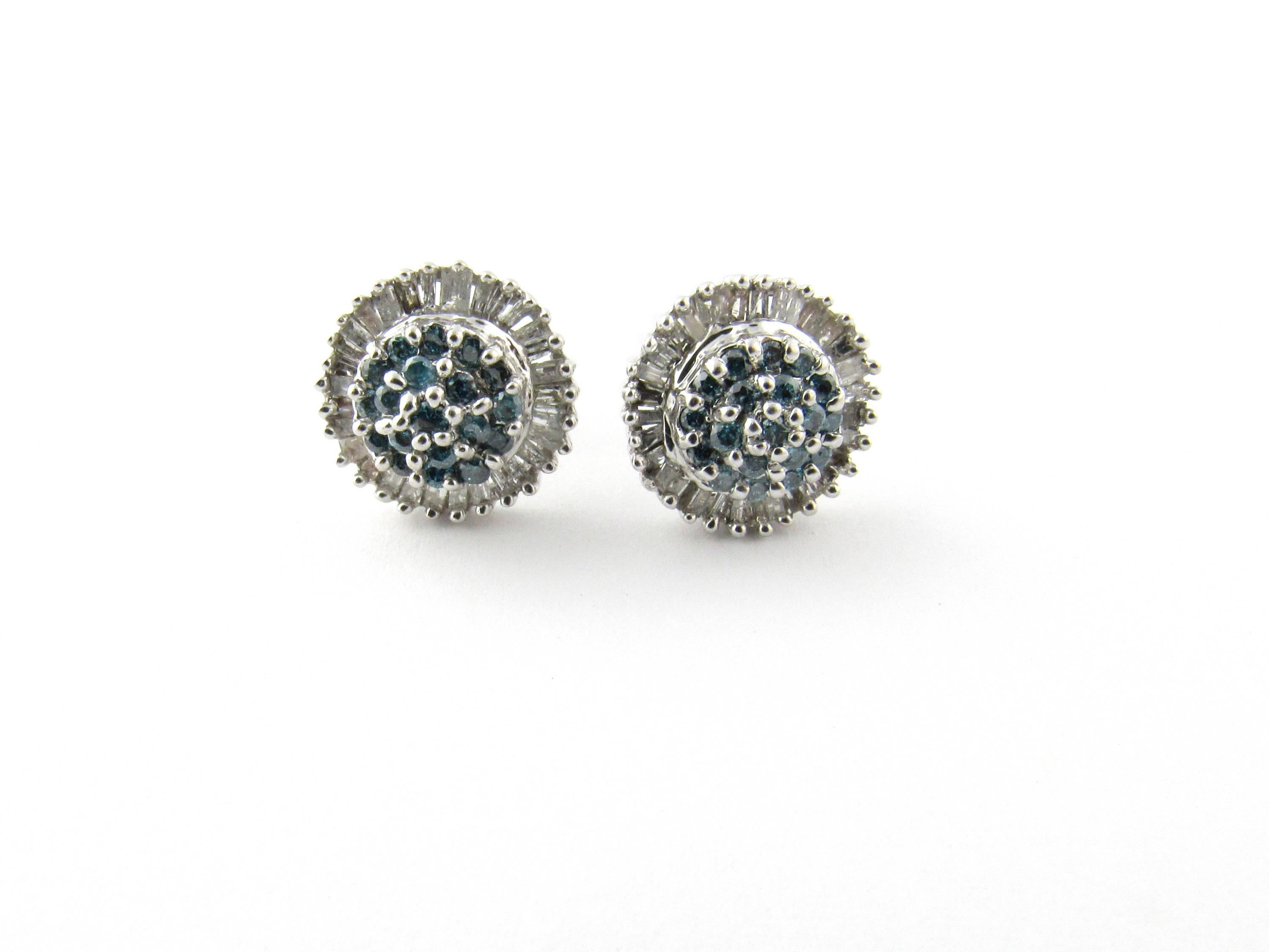 Round Cut 10 Karat White Gold Blue and White Diamond Earrings For Sale