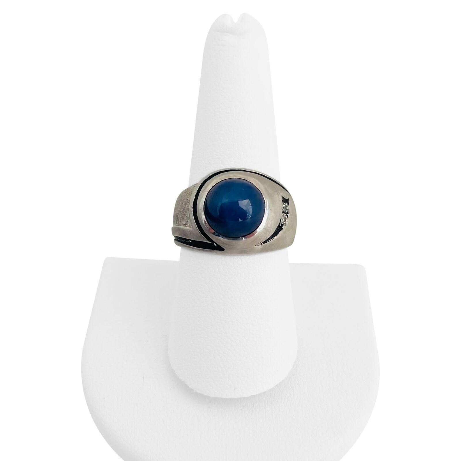Ring aus 10 Karat Weißgold mit blauem Sternsaphir und Diamant für Damen oder Herren