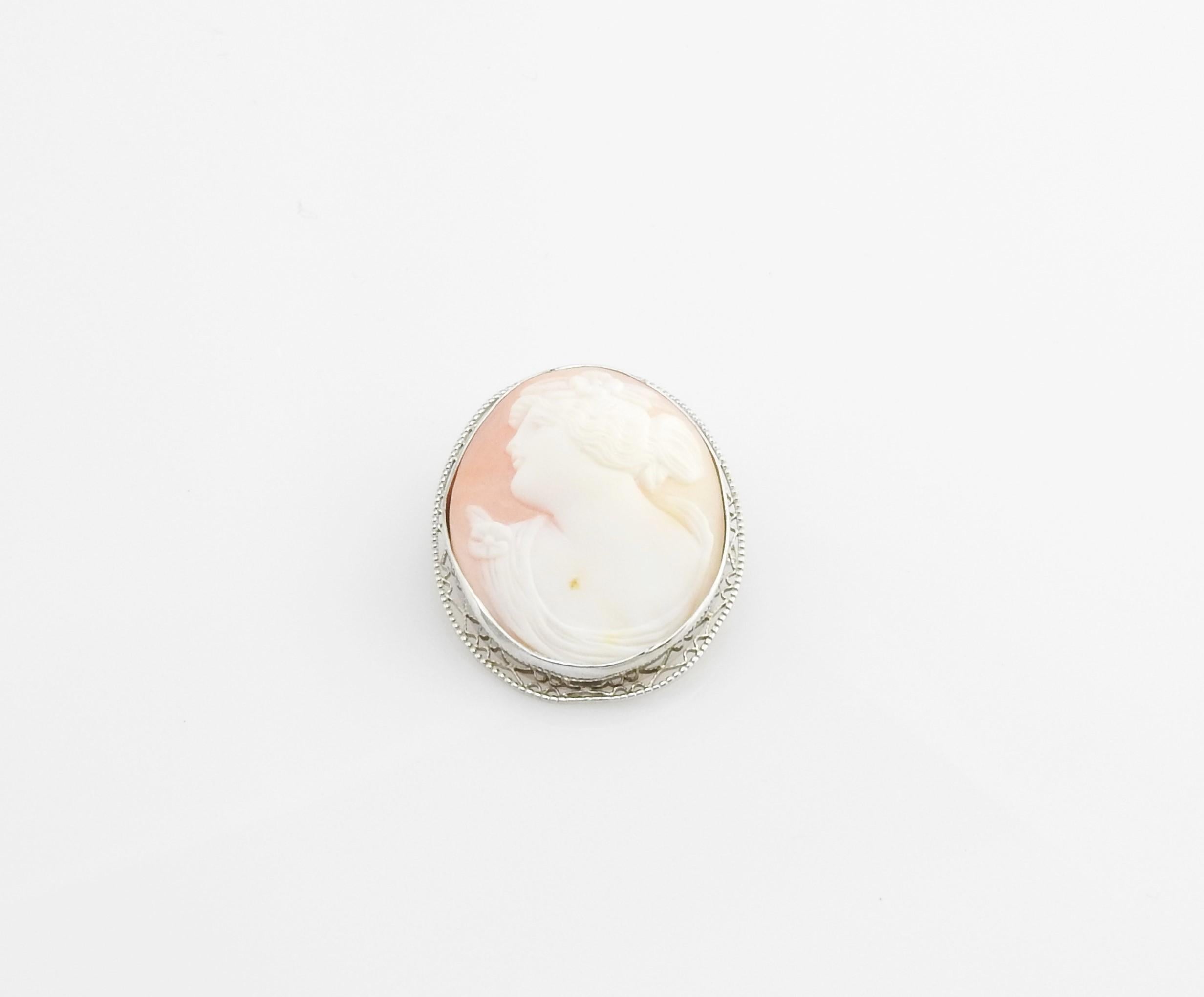 Women's 10 Karat White Gold Cameo Brooch / Pin For Sale