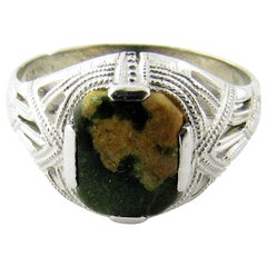 Vintage 10 Karat White Gold Connemara Green Marbleized Stone Ring