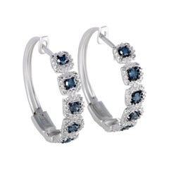 10 Karat White Gold Diamond and Blue Sapphire Hoop Earrings