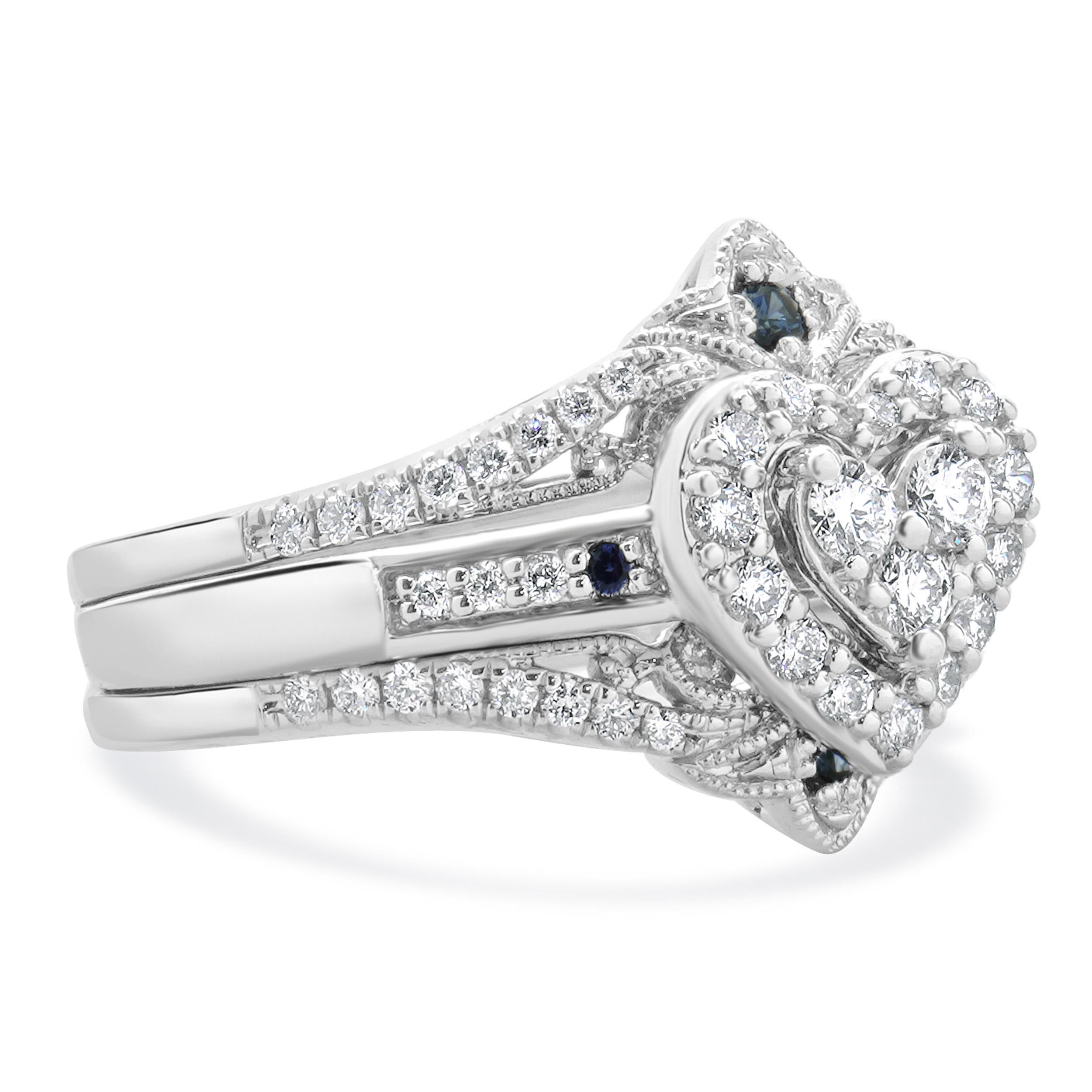 Heart Cut 10 Karat White Gold Diamond and Sapphire Heart Shape Cluster Ring