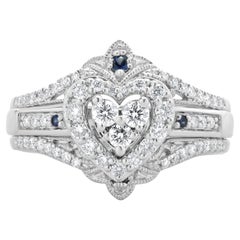 10 Karat White Gold Diamond and Sapphire Heart Shape Cluster Ring