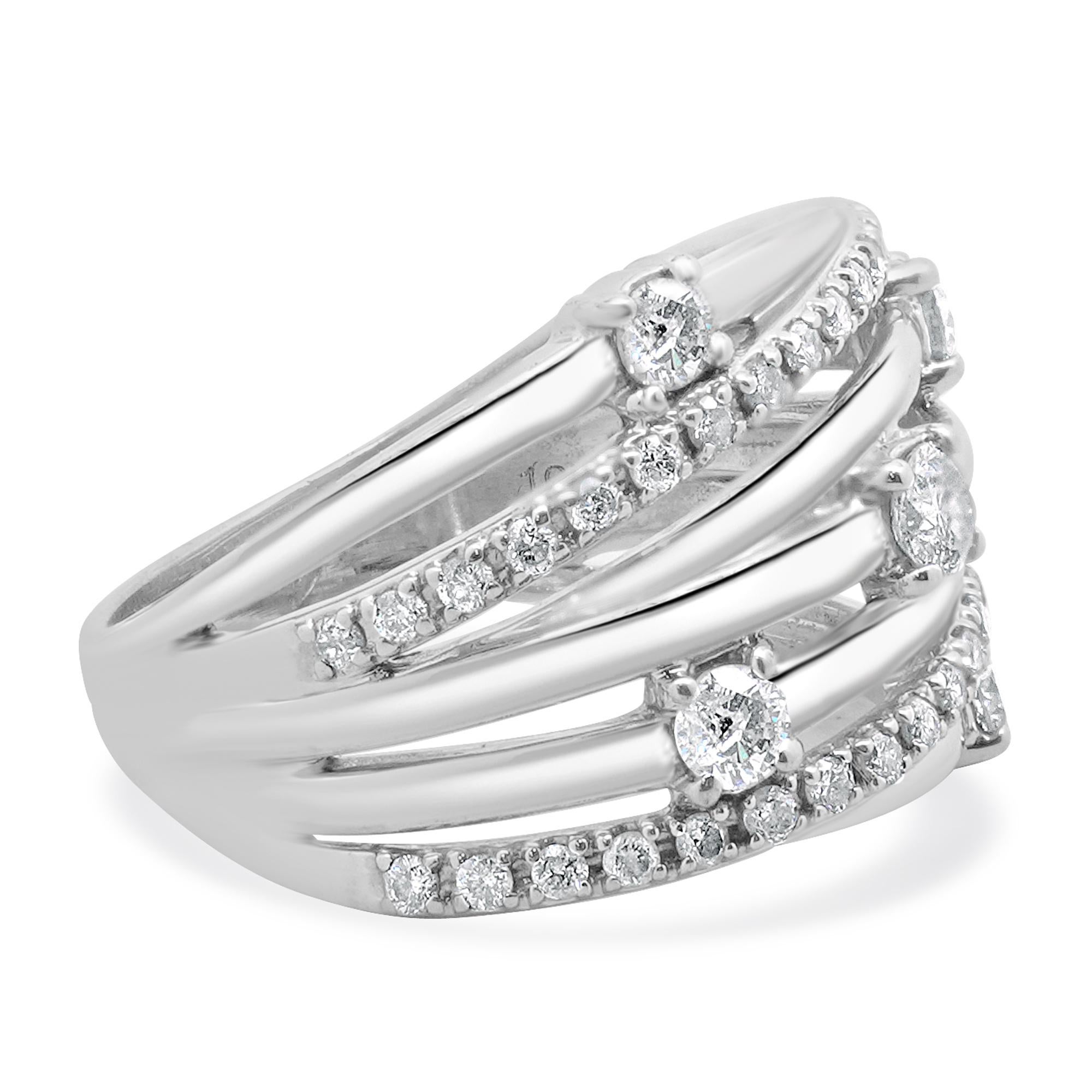 Round Cut 10 Karat White Gold Diamond Bypass Ring with Stations For Sale