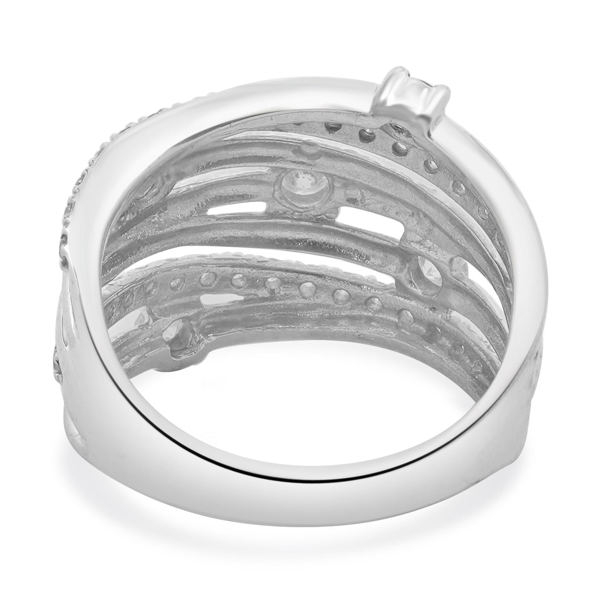10 Karat White Gold Diamond Bypass Ring with Stations In Excellent Condition For Sale In Scottsdale, AZ