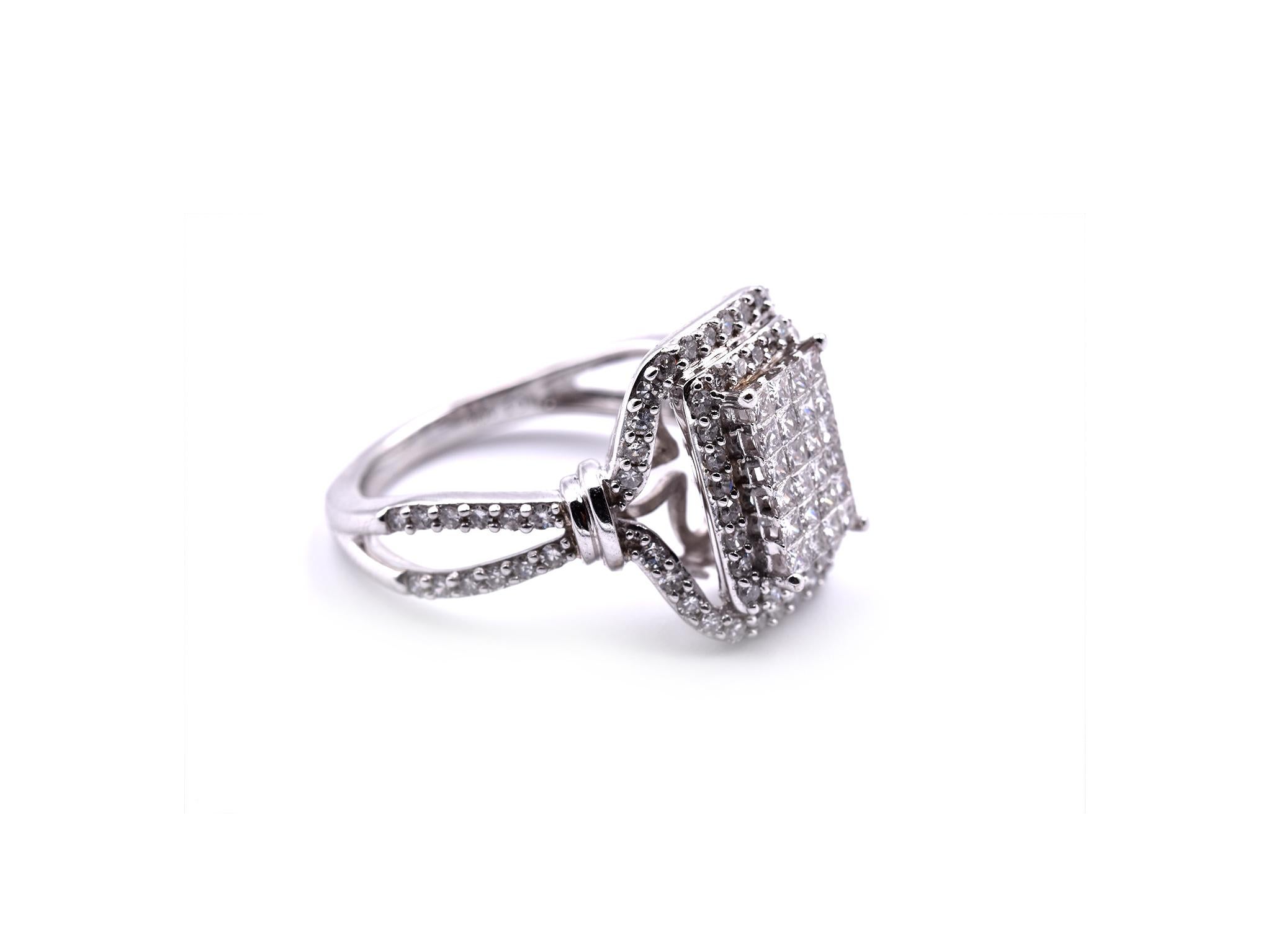 Designer: custom design
Material: 10k white gold
Diamonds: 104 diamonds = 1.15cttw
Color: G
Clarity: VS
Dimensions: ring top is 14.66mm by 13.05mm
Ring size: size 6 (please allow two additional shipping days for sizing requests)  
Weight: 4.52 grams 