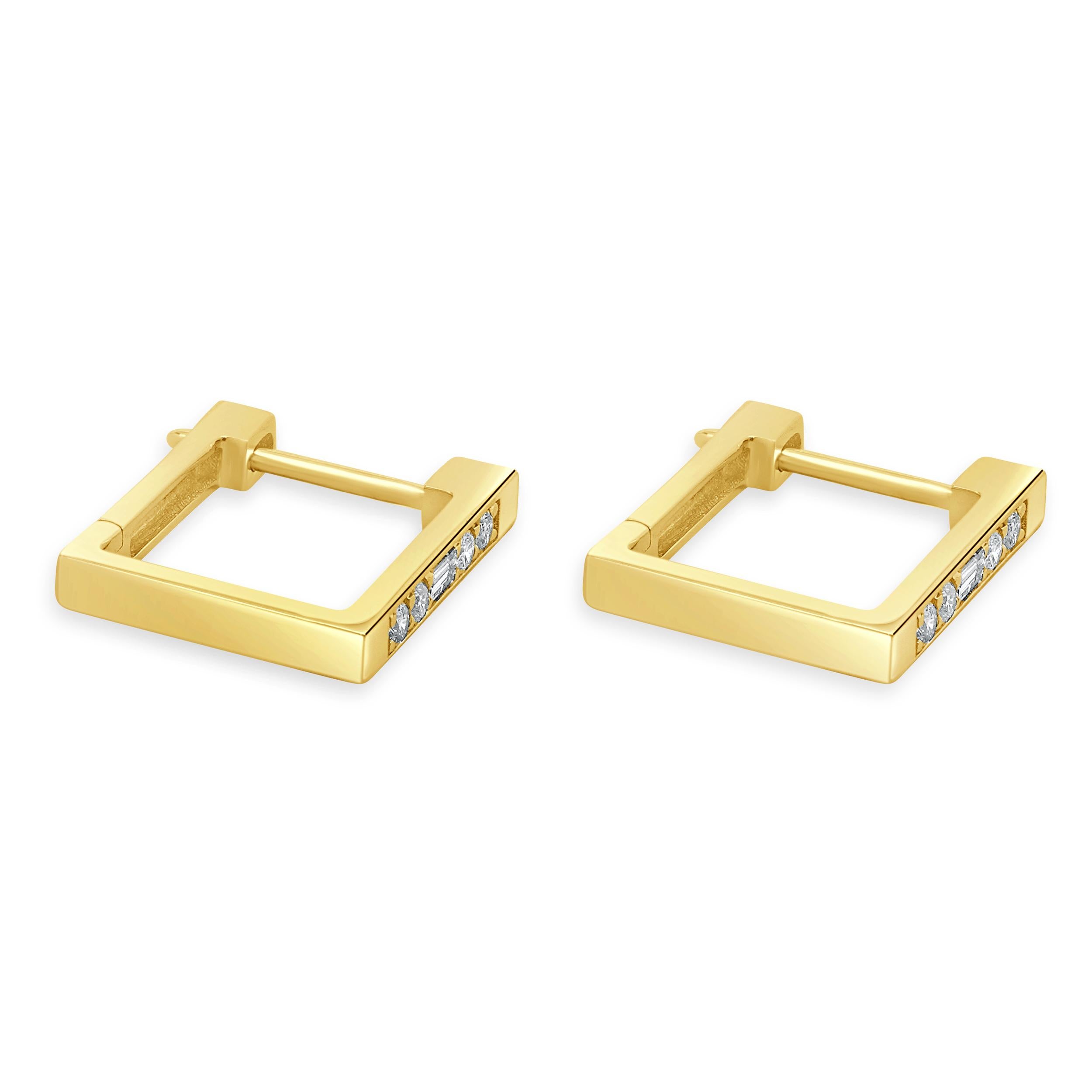 Designer: custom design
Material: 14K yellow gold
Diamonds: 10 round cut = 0.29cttw
Color: H
Clarity: SI1-2
Dimensions: earrings measure 15.6mm 
Weight: 3.75 grams
