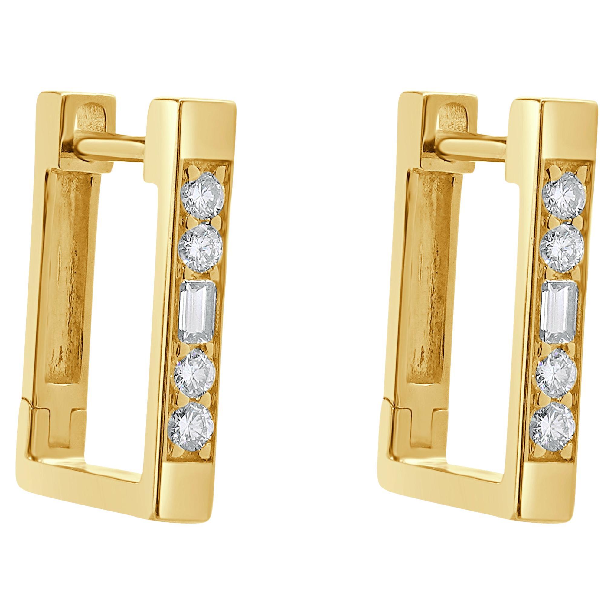 14 Karat Yellow Gold Square Diamond Huggie Hoop Earrings For Sale