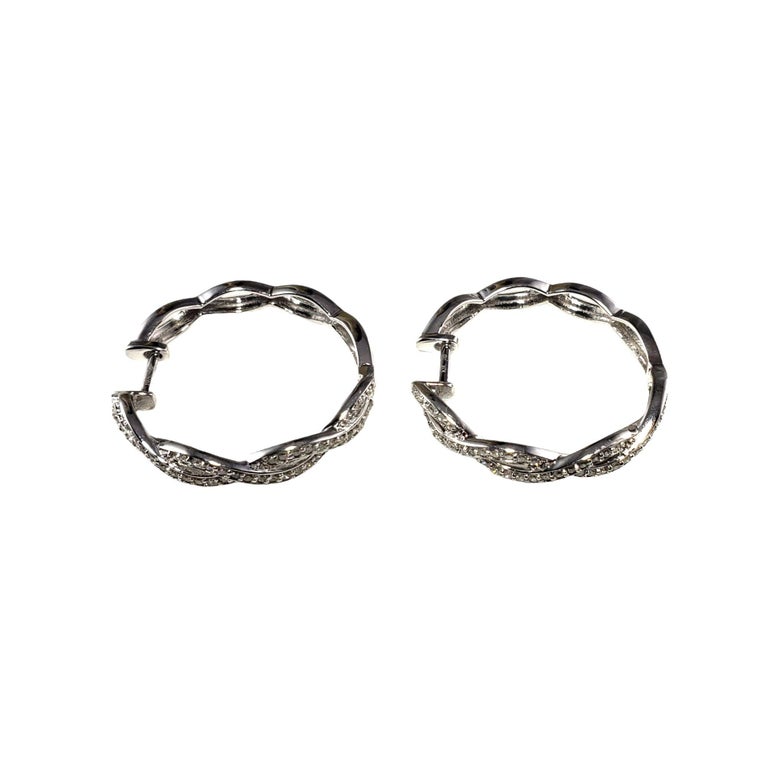 10 Karat White Gold Diamond Hoop Earrings For Sale at 1stDibs