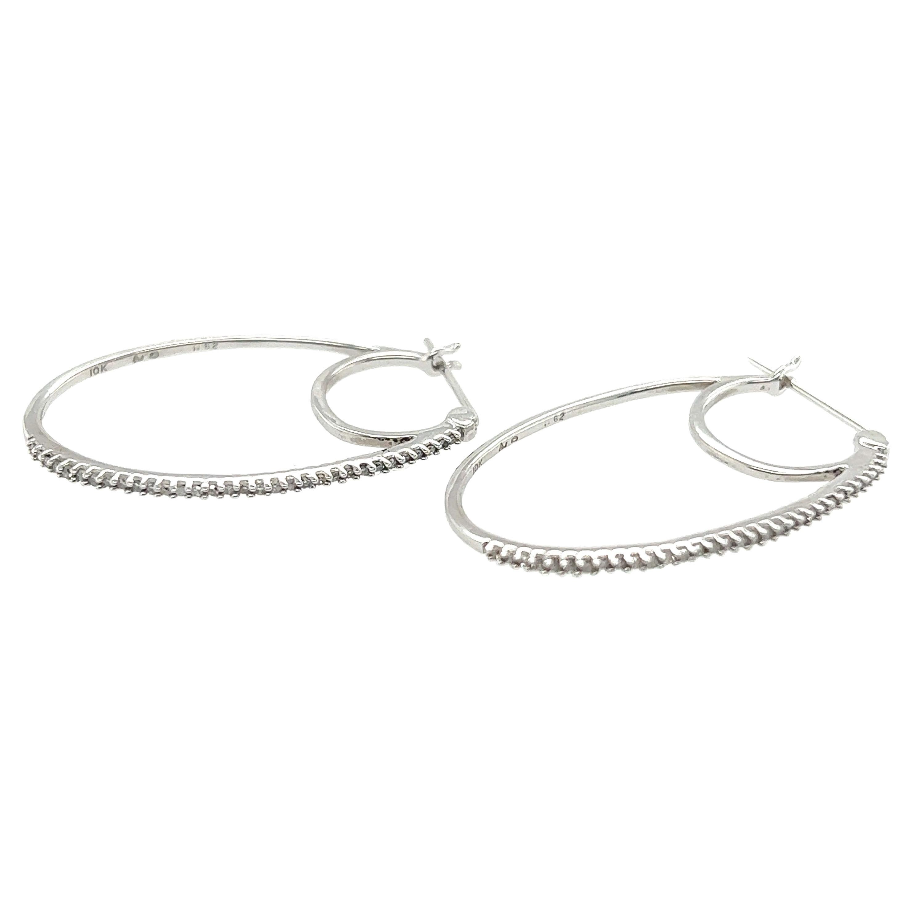 10 Karat White Gold Diamond Hoop Earrings For Sale at 1stDibs