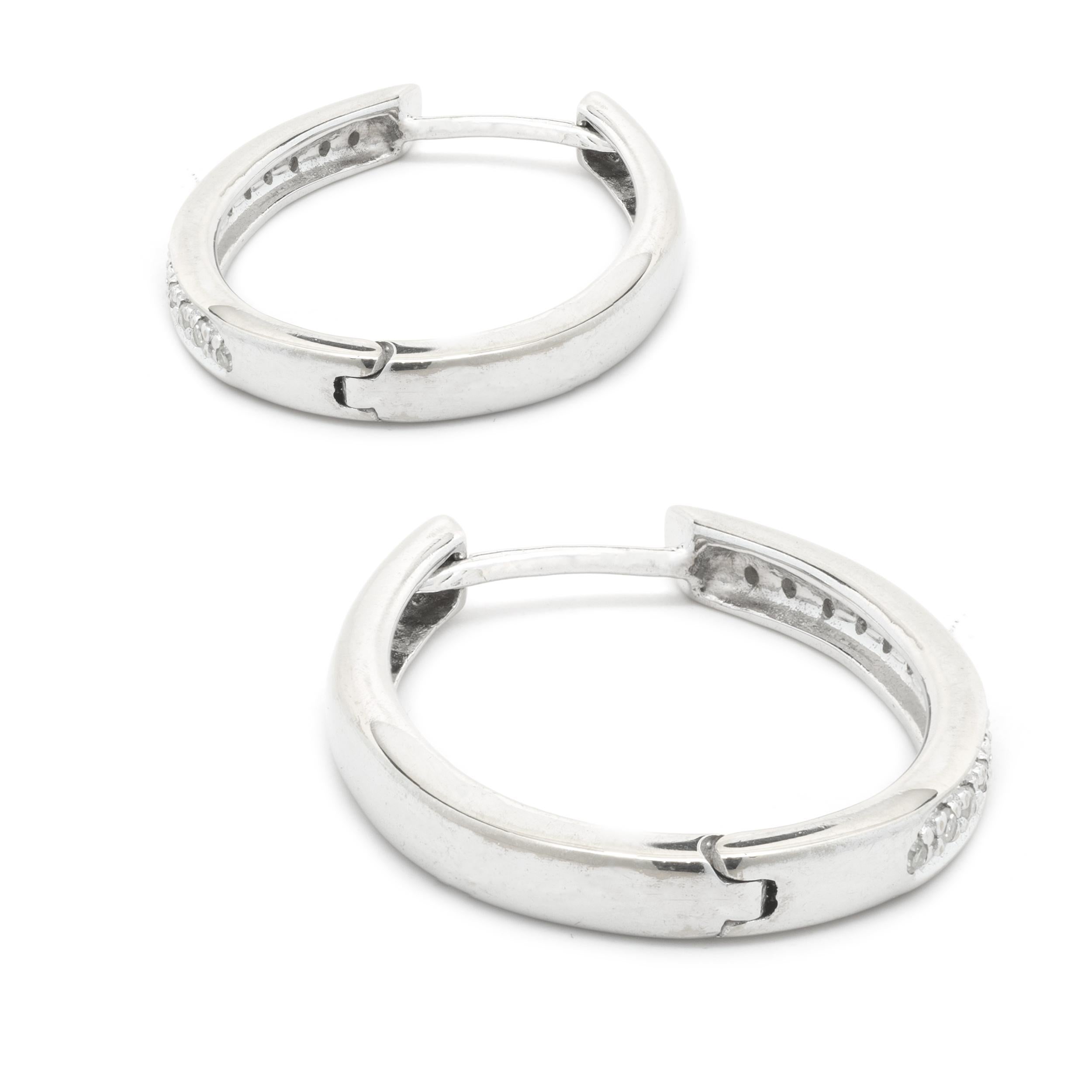 Round Cut 10 Karat White Gold Diamond Oval Hoop Earrings For Sale