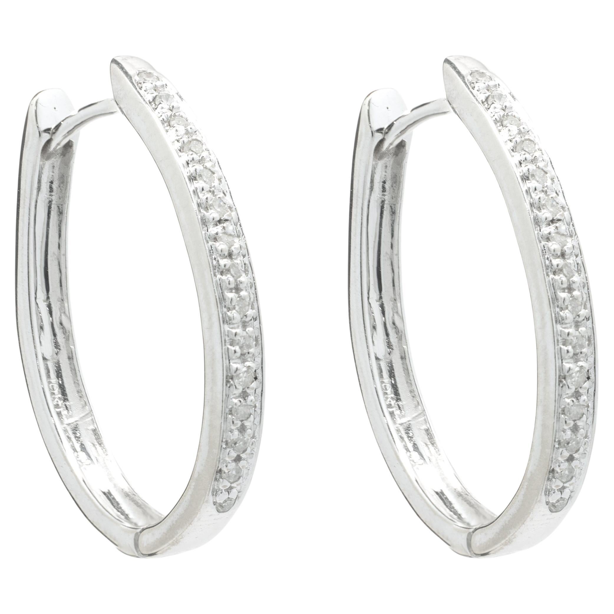 10 Karat White Gold Diamond Oval Hoop Earrings For Sale