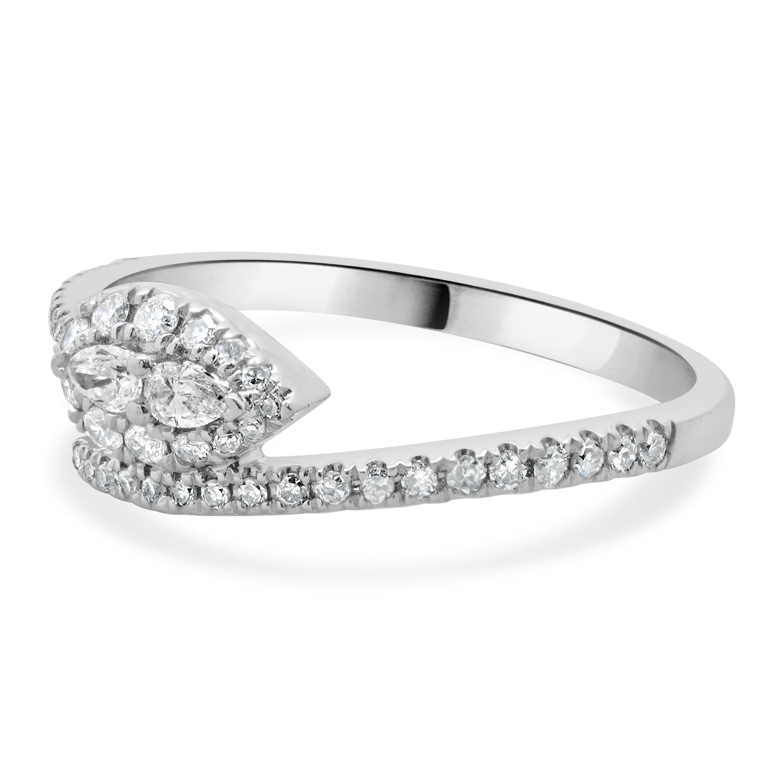 Designer: custom
Material: 10K white gold
Diamond:  43 round and pear cut = 0.30cttw
Color: H/I
Clarity: I2
Size: 8 sizing available 
Weight: 2.24 grams
